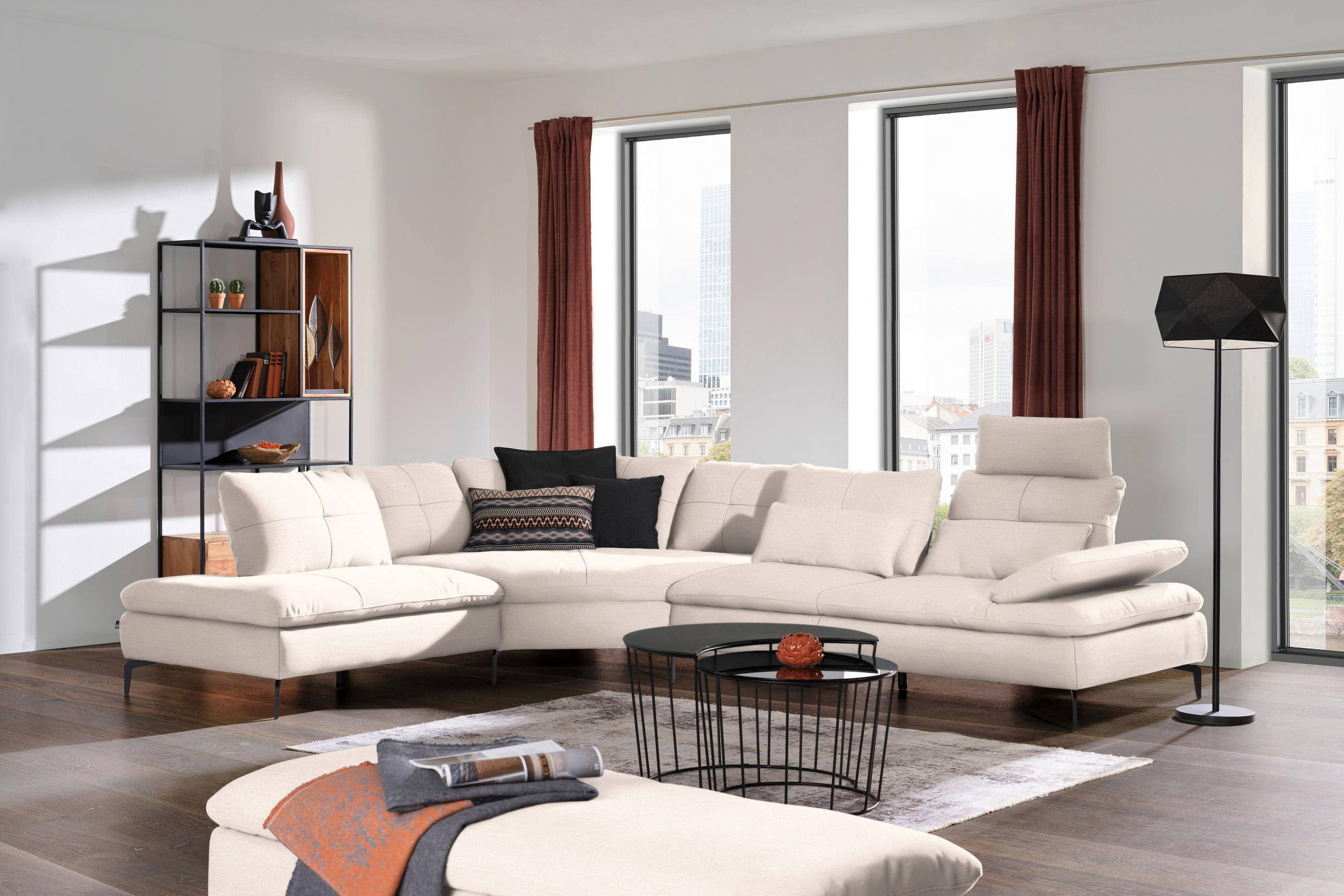ECKSOFA in Flachgewebe Creme  - Creme/Schwarz, Design, Textil/Metall (271/344cm) - Chilliano