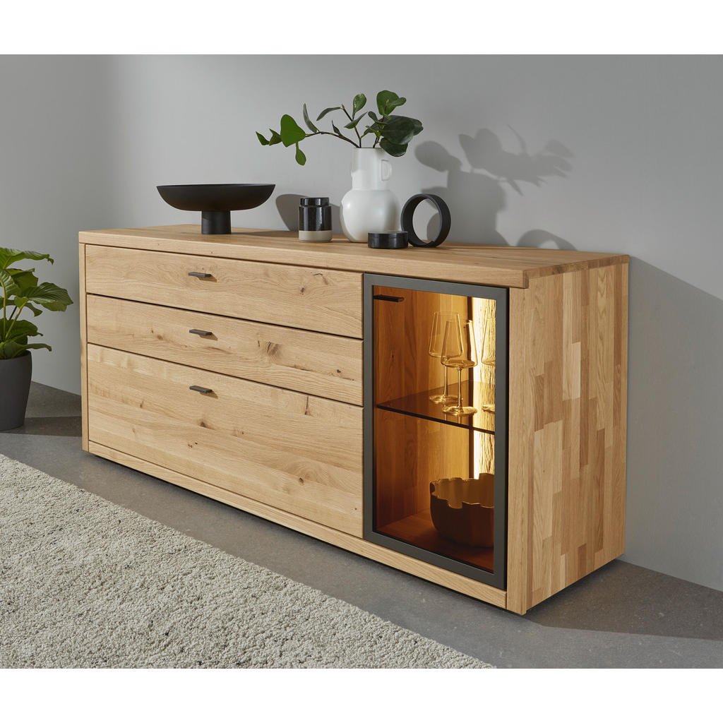 Thumbnail - Valnatura Sideboard, Dunkelgrau, Wildeiche, Metall, Wildeiche, massiv, 1 Fächer, 3 Schubladen, 168x74x45.0 cm, Goldenes ...