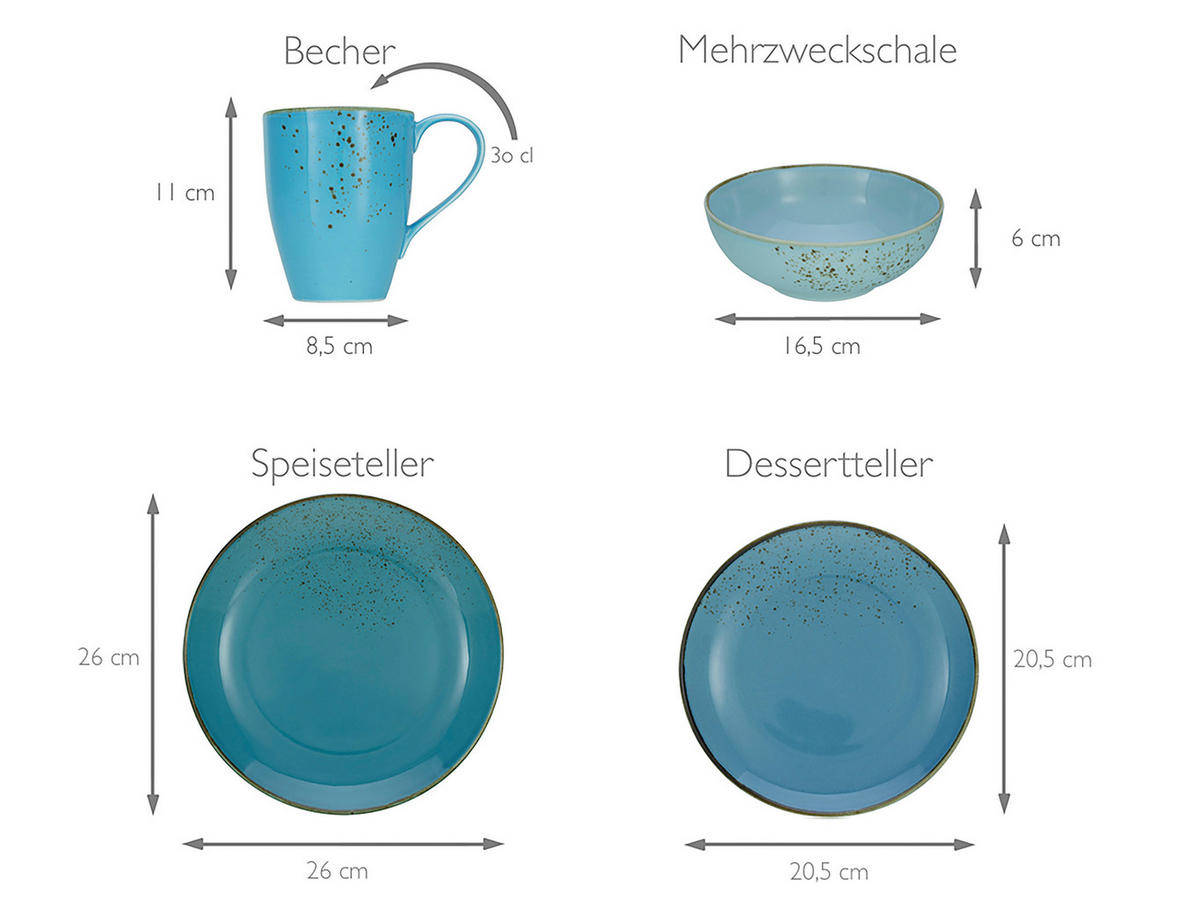 KOMBINOVANÁ SOUPRAVA, 16dílné, kamenina - modrá, Basics, keramika (34/31,5/33cm) - Creatable
