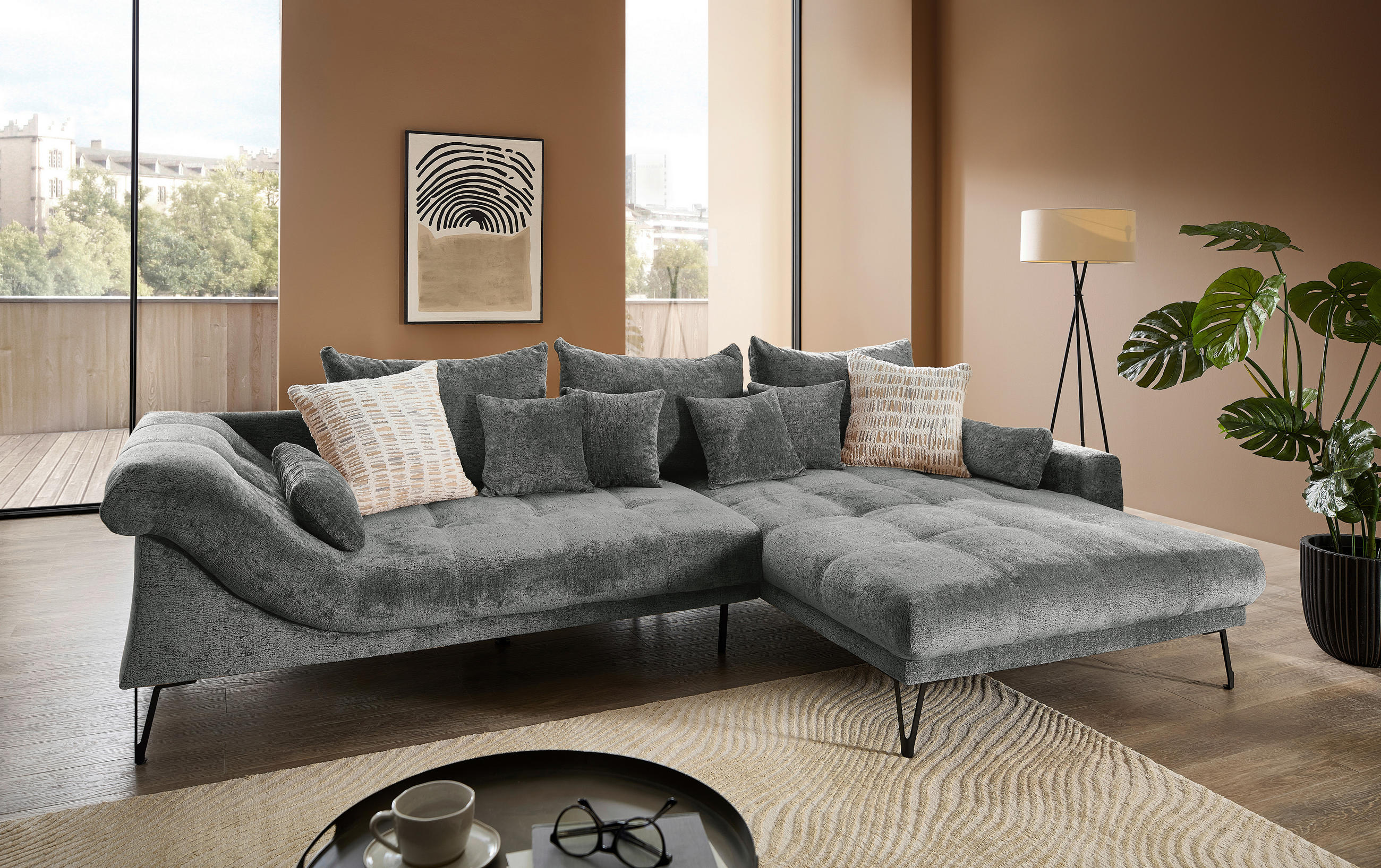 ECKSOFA GARDA Anthrazit Chenille Zierkissen, Rückenkissen, Nierenkissen, Rücken echt  - Anthrazit/Schwarz, KONVENTIONELL, Textil/Metall (310/192cm) - Livetastic