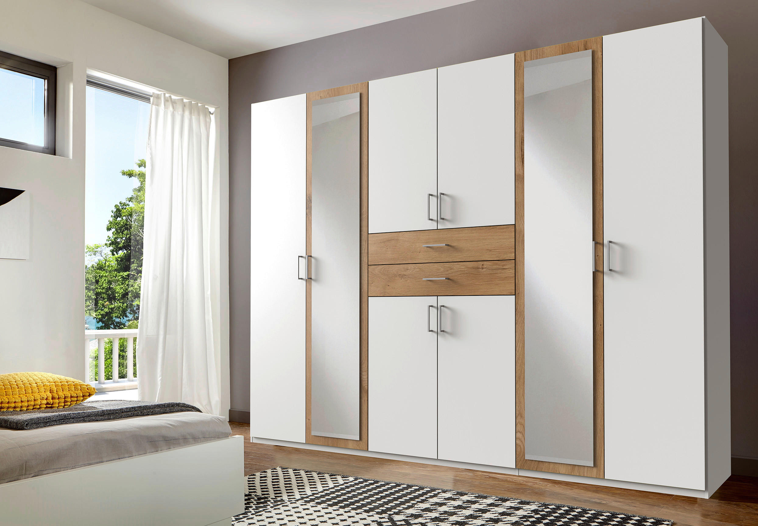OMARA ZA OBLAČILA, bela, barve hrasta  - barve hrasta/bela, Design, umetna masa/steklo (270/210/58cm) - Hom`in