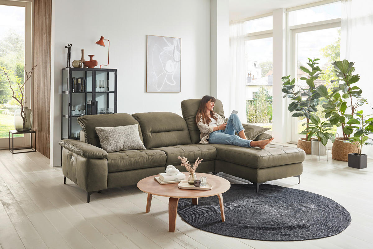 ECKSOFA in Mikrofaser Olivgrün  - Chromfarben/Olivgrün, Design, Textil/Metall (280/184cm) - Pure Home Comfort