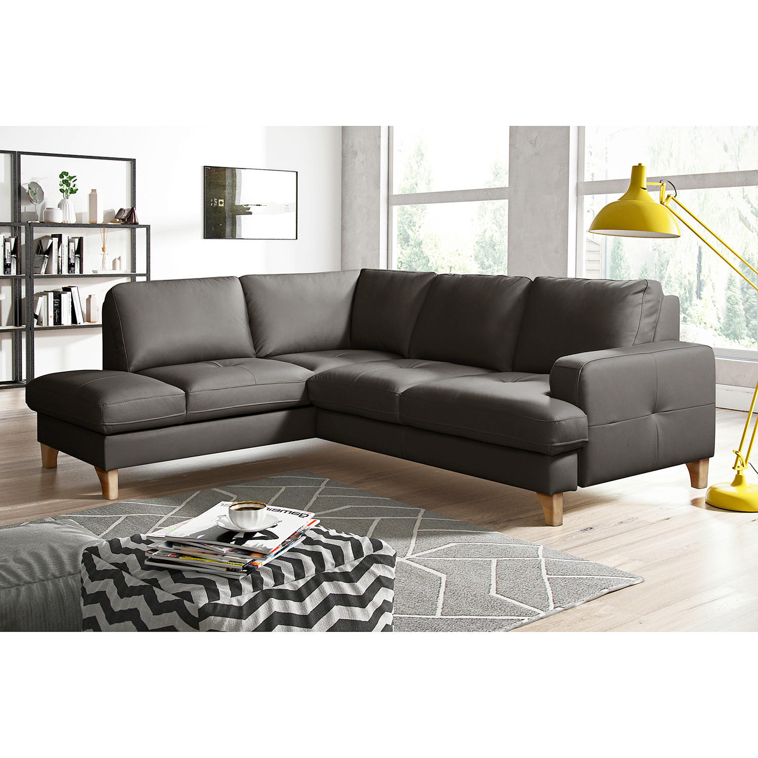 ECKSOFA 190/234 cm  in Lederlook Echtleder Dunkelbraun Rücken echt  190/234 cm  - Dunkelbraun/Buchefarben, Design, Leder/Holz (190/234cm) - Livetastic