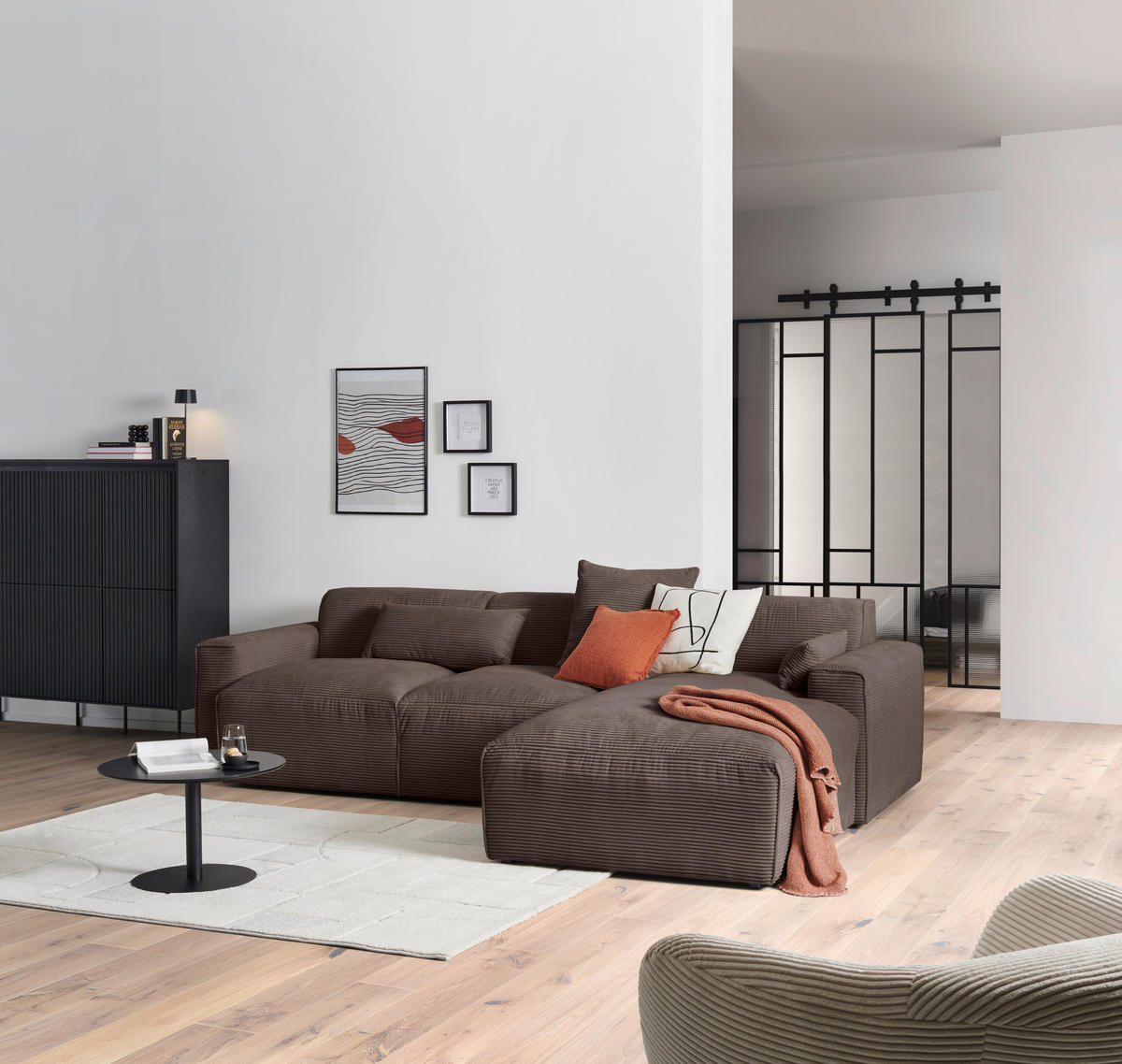 ECKSOFA Mokka Cord  - Schwarz/Mokka, Design, Kunststoff/Textil (303/196cm) - Livetastic