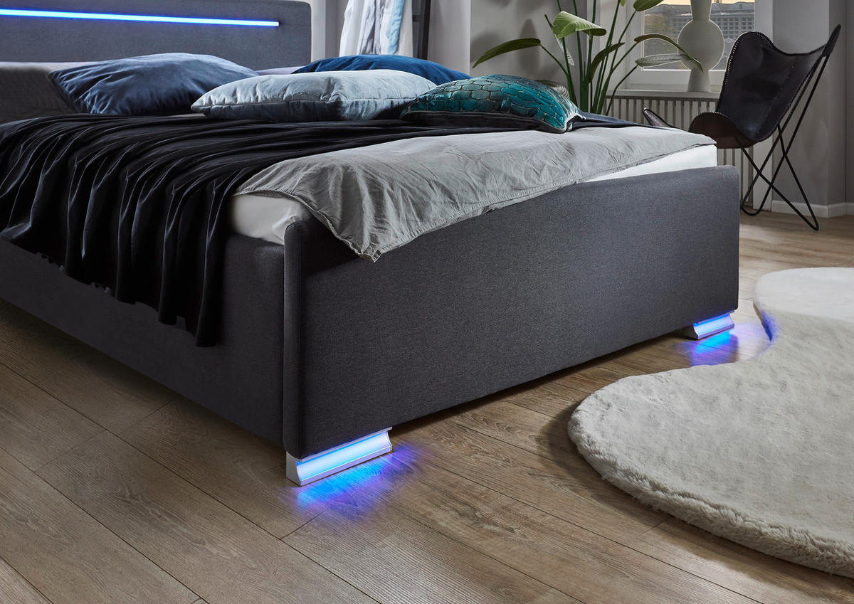 POLSTERBETT 140/200 cm,  in Schwarz, Beleuchtung,  - Silberfarben/Schwarz, Design, Kunststoff/Textil (140/200cm) - Boxxx