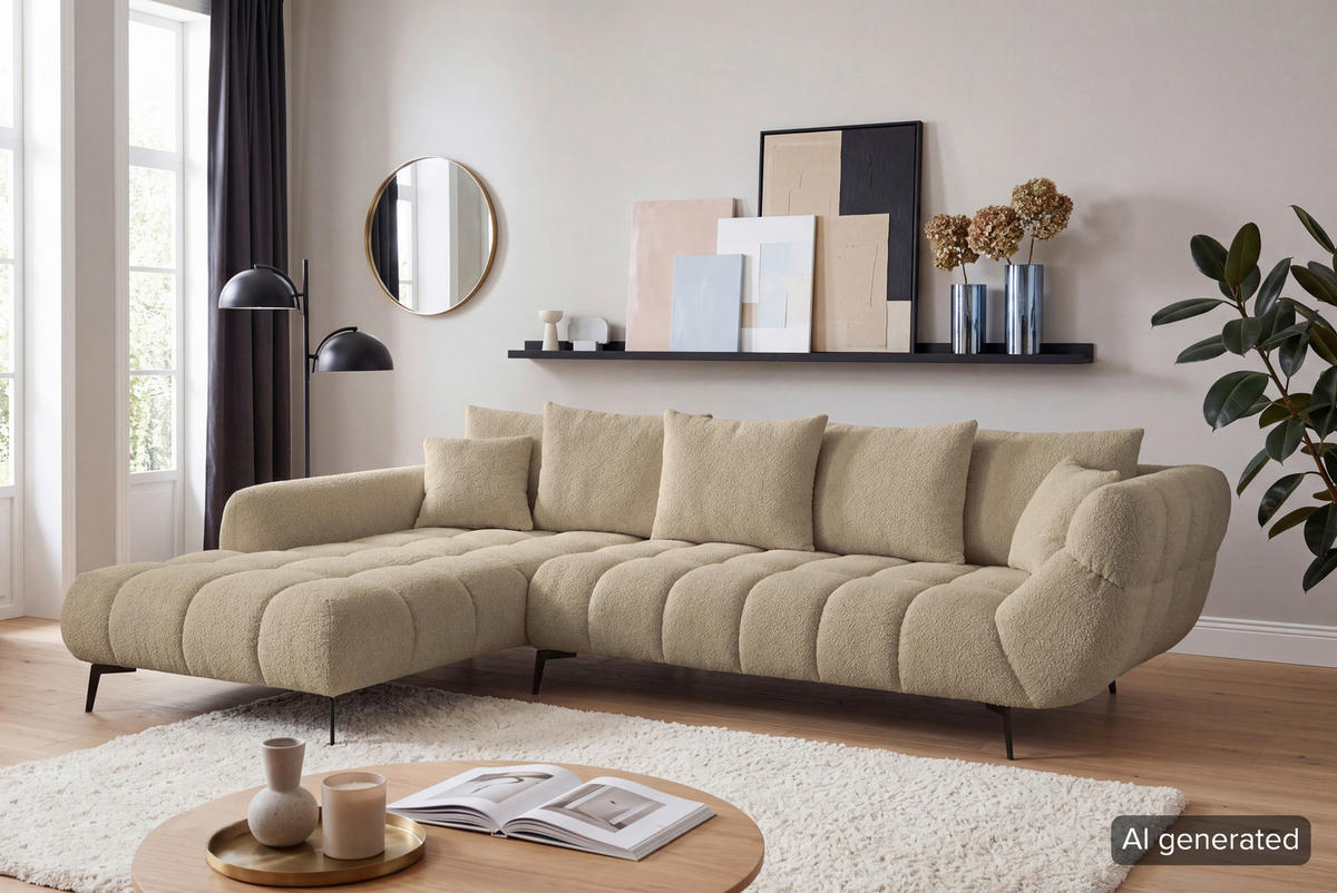 ECKSOFA Taupe Bouclé Zierkissen, Rückenkissen, Rücken echt  - Taupe/Schwarz, MODERN, Textil/Metall (217/318cm) - Carryhome