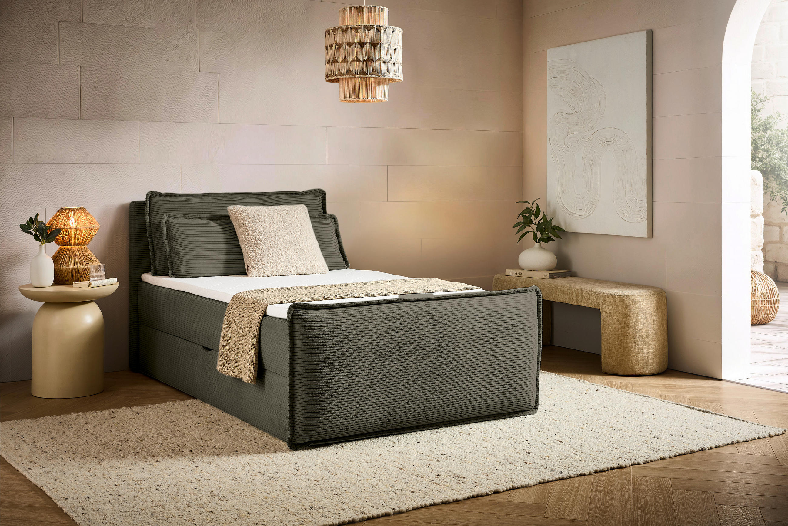 BOXBETT 120/200 cm,  in Waldgrün, Kissen, Bettkasten, Topper, H3 = fest  - Waldgrün/Schwarz, Design, Kunststoff/Textil (120/200cm) - Chameo
