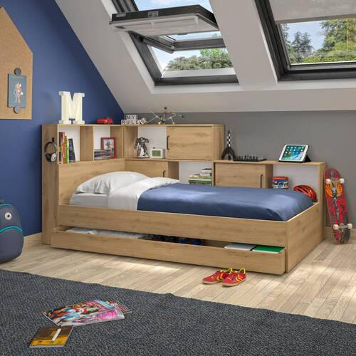 POSTEĽ S ÚLOŽNÝM PRIESTOROM, 90/200 cm biela, dub artisan - biela/dub artisan, Modern, kompozitné drevo (90/200cm) - MID.YOU