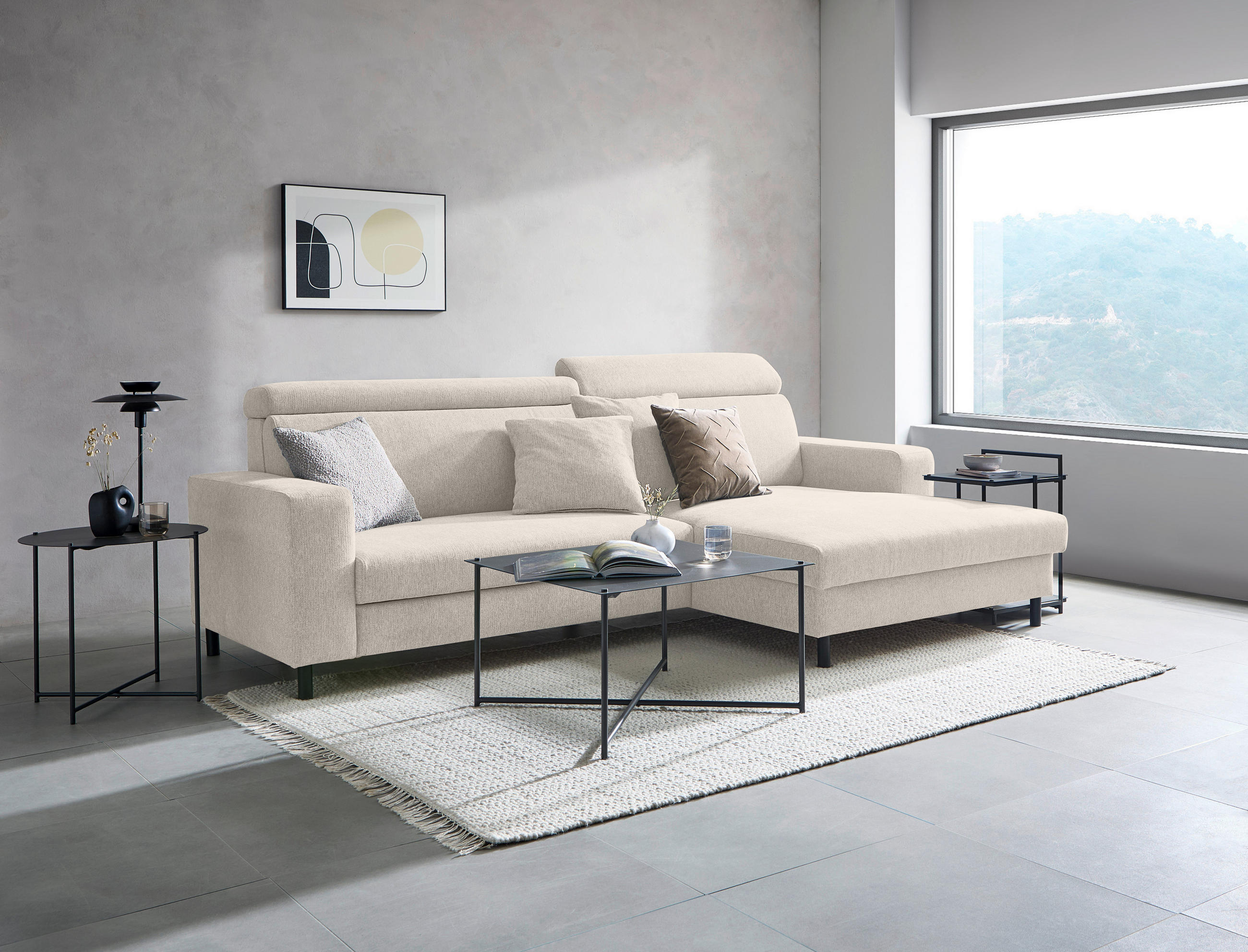 ECKSOFA in Flachgewebe Creme  262/166 cm  - Creme/Schwarz, Design, Textil/Metall (262/166cm) - Xora