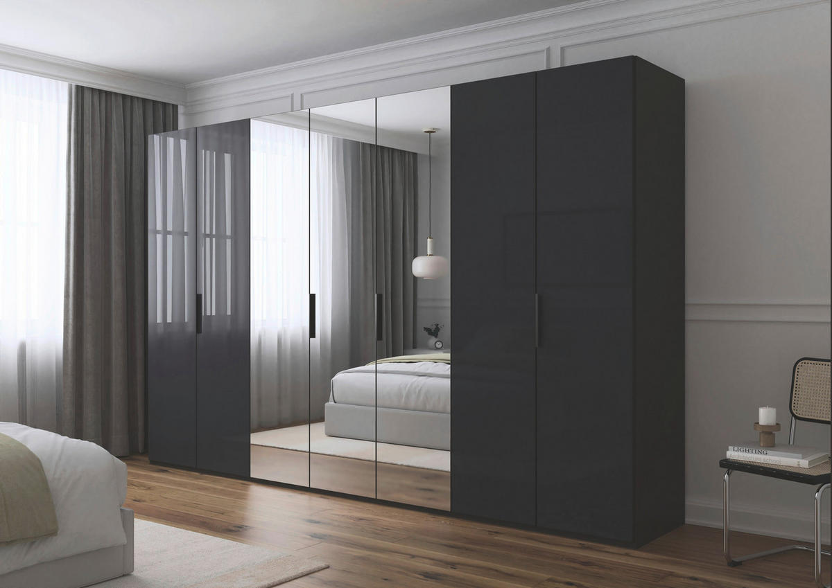 DREHTÜRENSCHRANK 350/235/61 cm,  in Graphitfarben, 7-türig  - Graphitfarben, Basics, Glas/Holzwerkstoff (350/235/61cm) - Novel