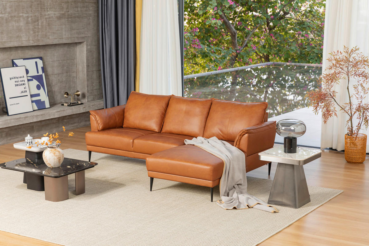 KOTNA SEDEŽNA GARNITURA, pravo usnje barve konjaka  - črna/barve konjaka, Design, kovina/tekstil (233/153cm) - Livetastic