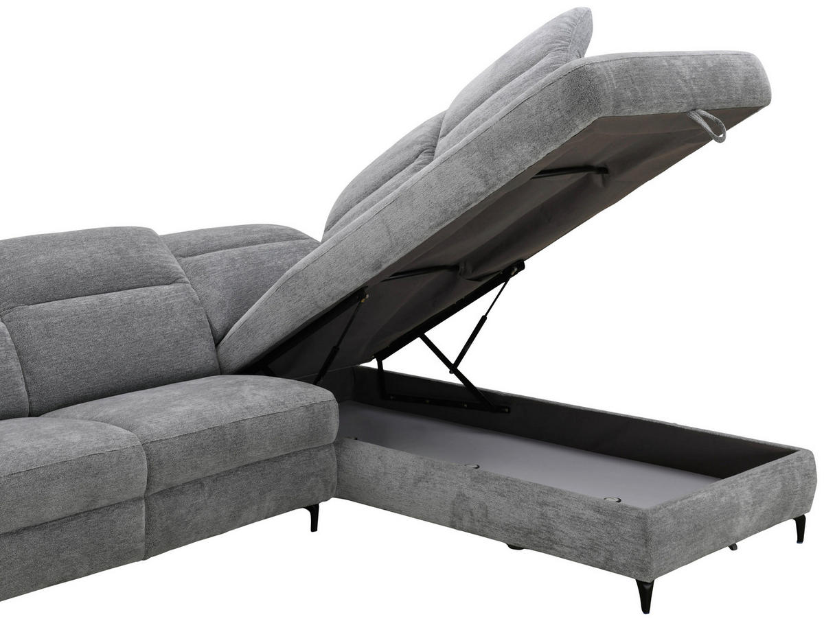ECKSOFA Grau Chenille Relaxfunktion, Kopfteilverstellung, Stauraum  - Schwarz/Grau, Design, Textil/Metall (266/220cm) - Xora