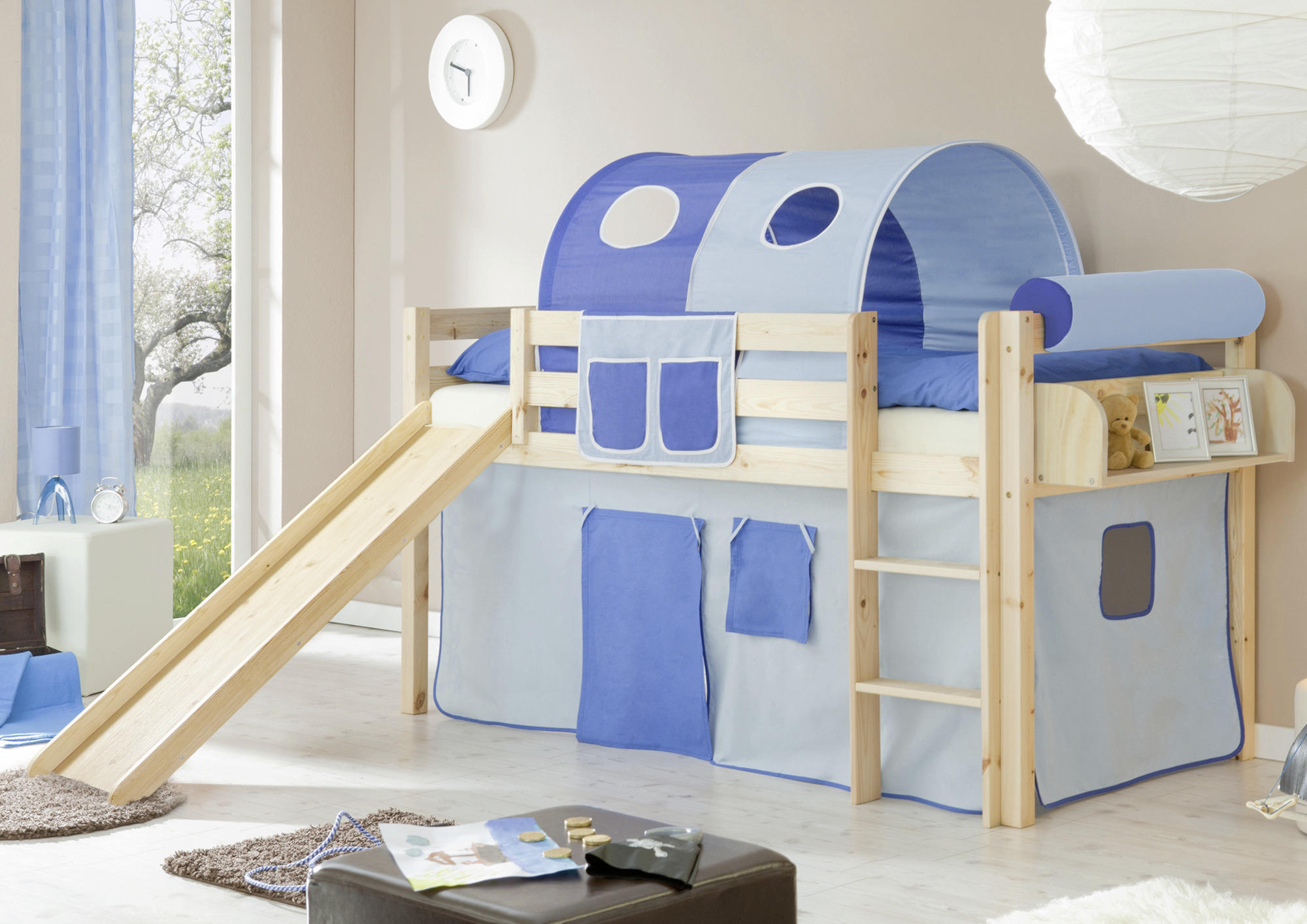 SPIELBETT Kiefer massiv 90/200 cm Kieferfarben, Hellblau, Dunkelblau  - Dunkelblau/Kieferfarben, Natur, Holz (90/200cm) - MID.YOU