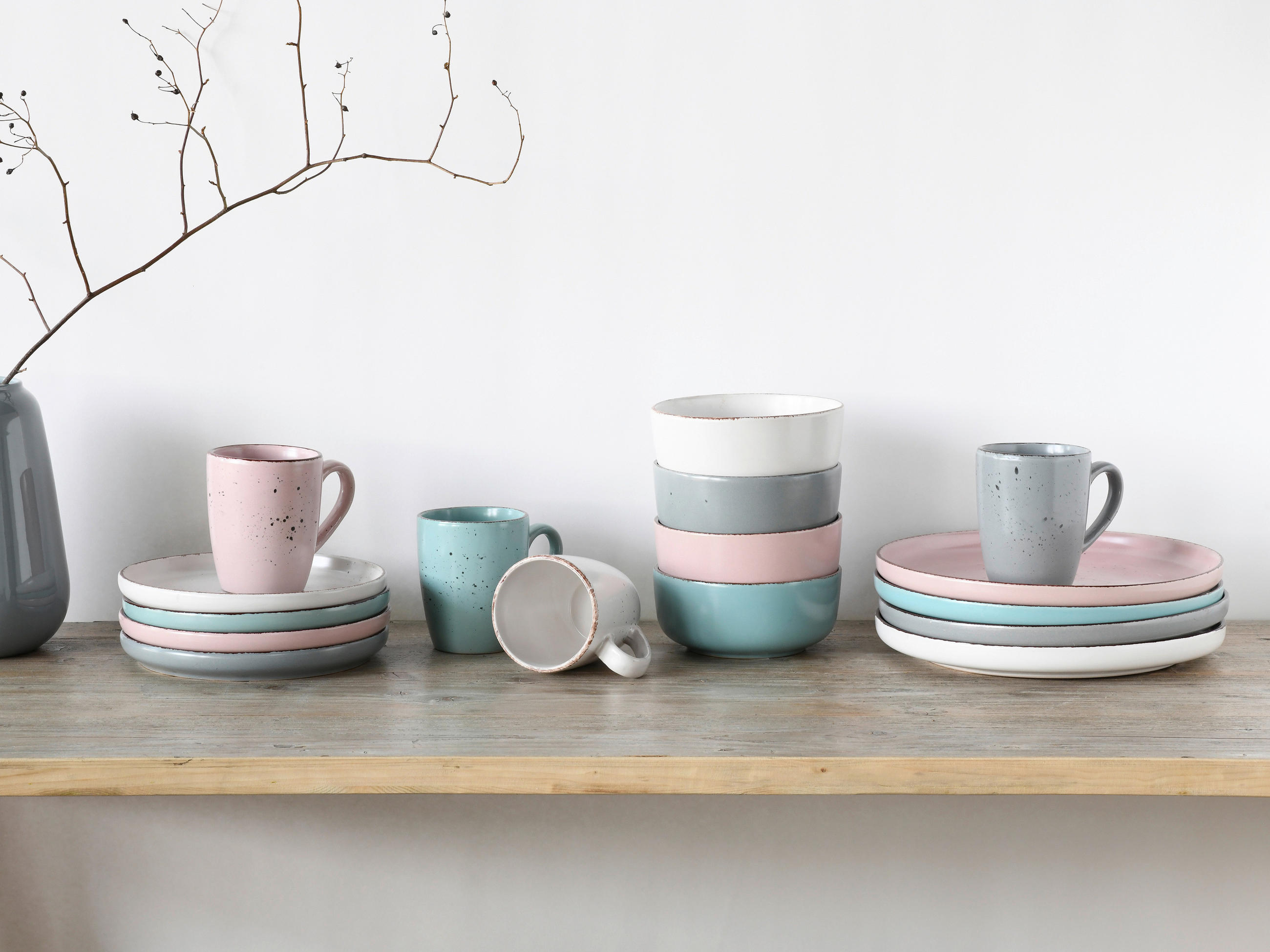KOMBISERVICE Blau, Weiß, Hellgrau, Dunkelrosa 16-teilig  - Blau/Dunkelrosa, Keramik - Creatable