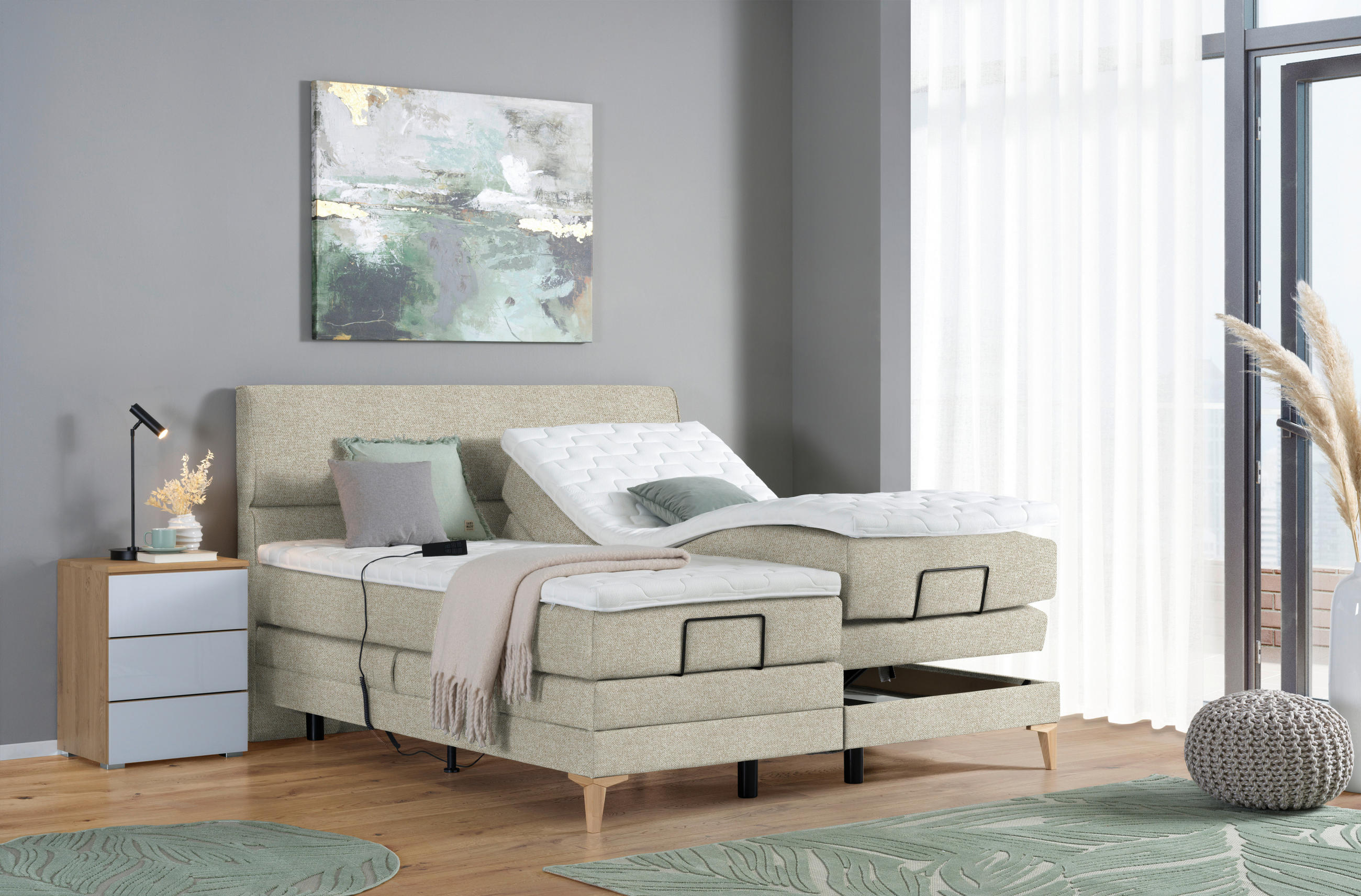 BOXSPRINGBETT 180/200 cm  in Beige  - Eichefarben/Beige, KONVENTIONELL, Holz/Textil (180/200cm) - Voleo