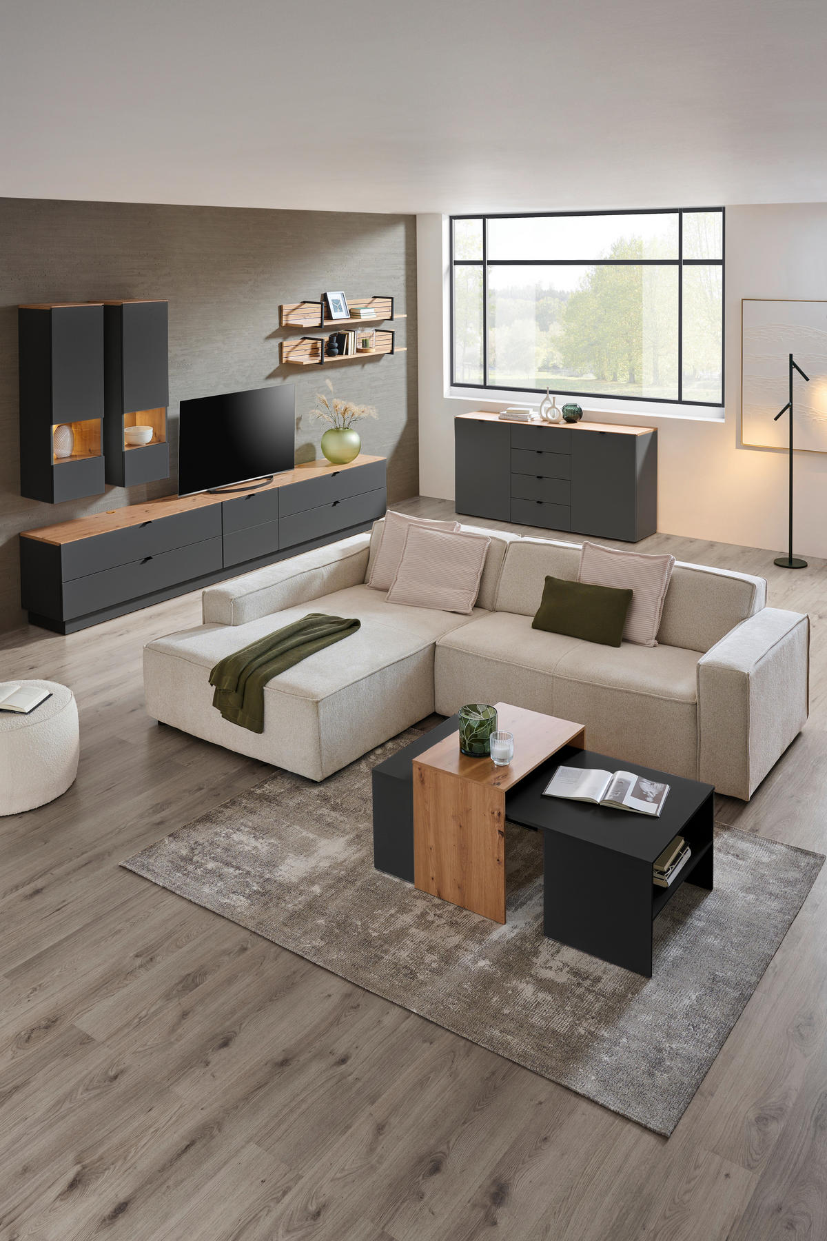 TV DIEL, grafitová, dub artisan, 140/62/44 cm - čierna/grafitová, Modern, kov/kompozitné drevo (140/62/44cm) - Hom`in