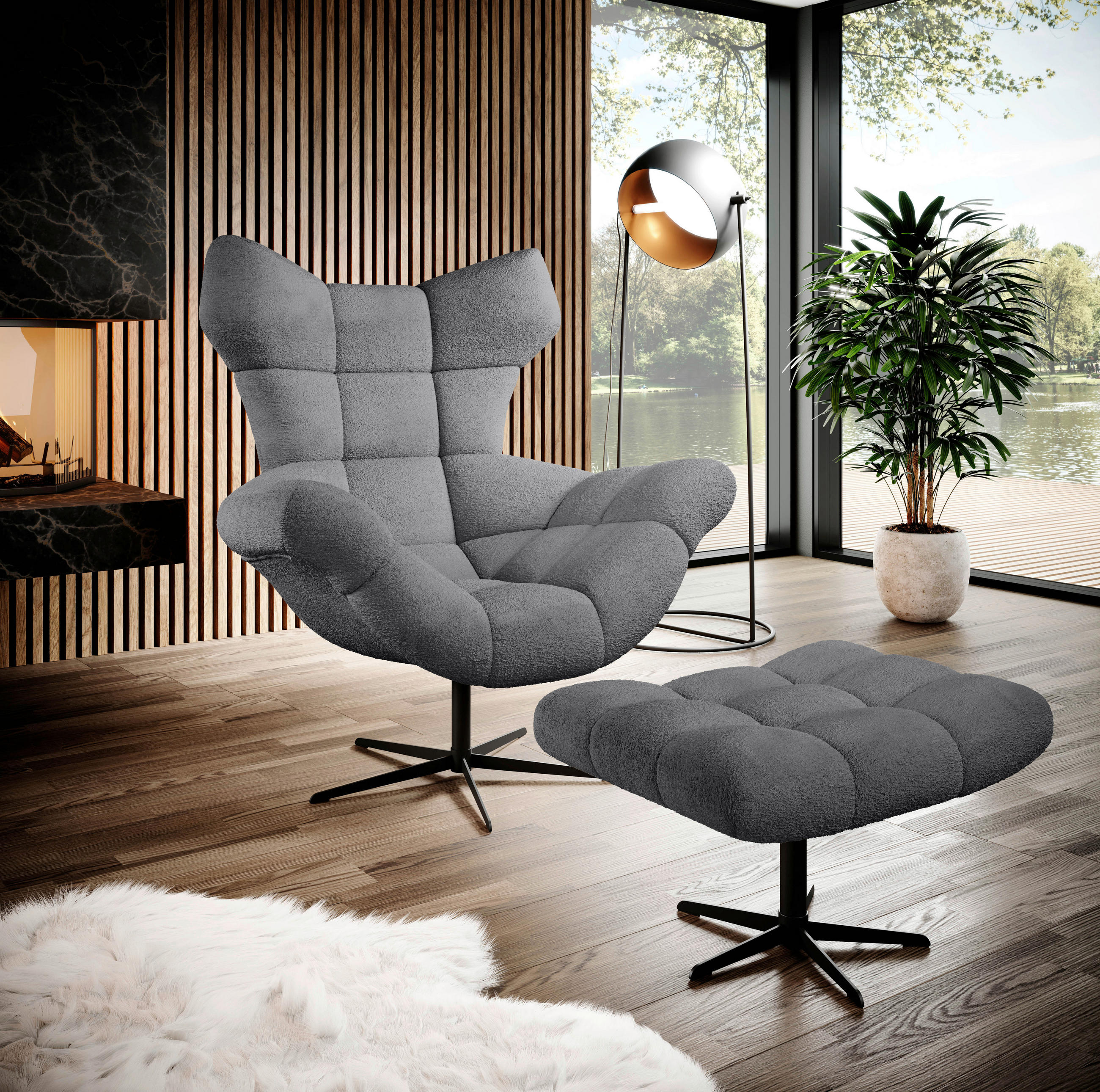 OHRENSESSEL Chenille Anthrazit  - Anthrazit/Schwarz, Design, Textil/Metall (103/119/84cm) - home24