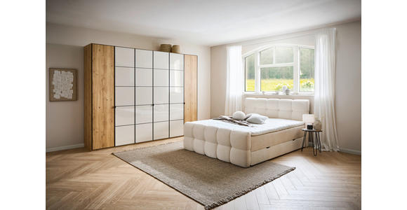 DREHTÜRENSCHRANK 300/216/58 cm 6-türig Champagner, Eiche Bianco - Schieferfarben/Eiche Bianco, Design, Glas/Holzwerkstoff (300/216/58cm) - Novel