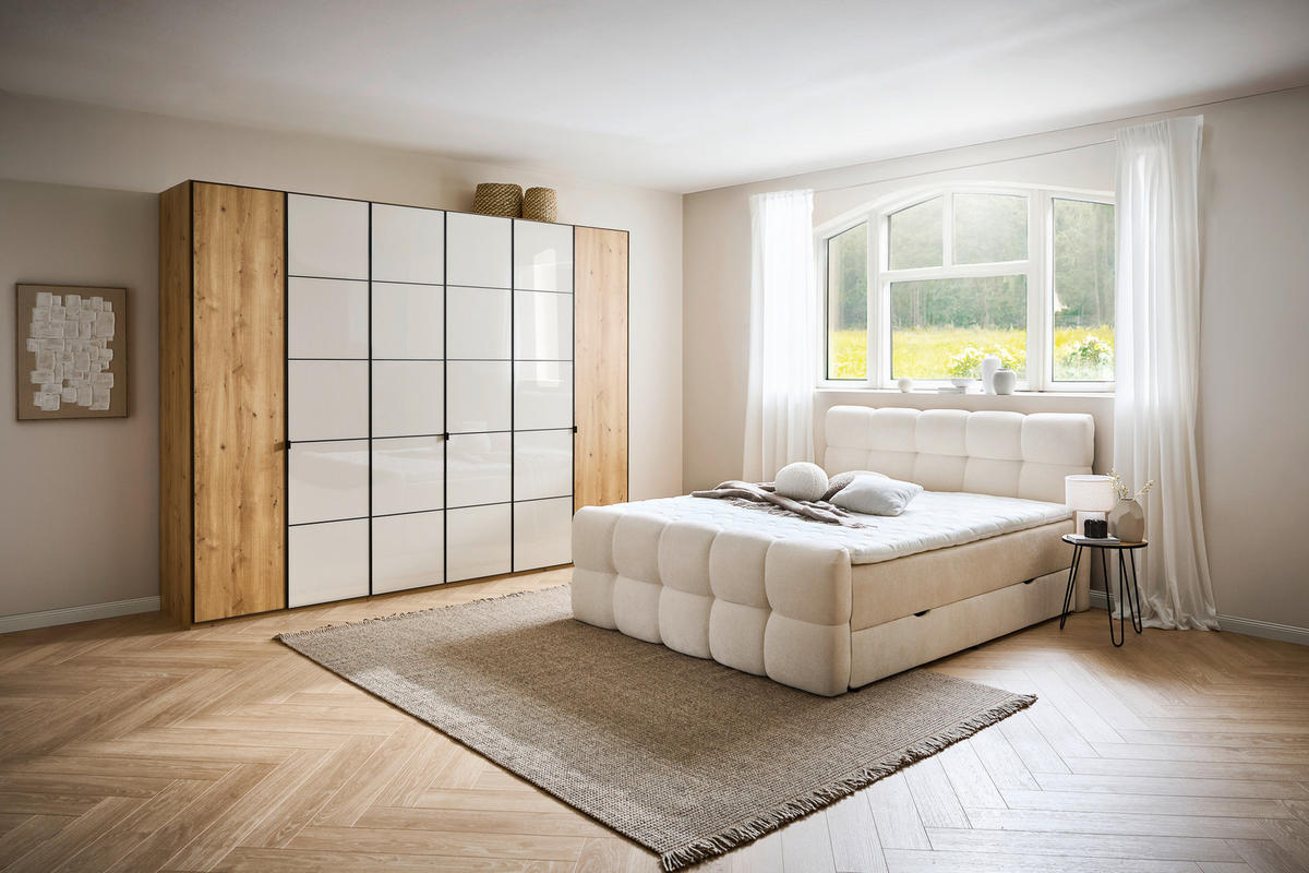 DREHTÜRENSCHRANK in Champagner, Eiche Bianco  - Schieferfarben/Eiche Bianco, Modern, Glas/Holzwerkstoff (300/216/58cm) - Novel