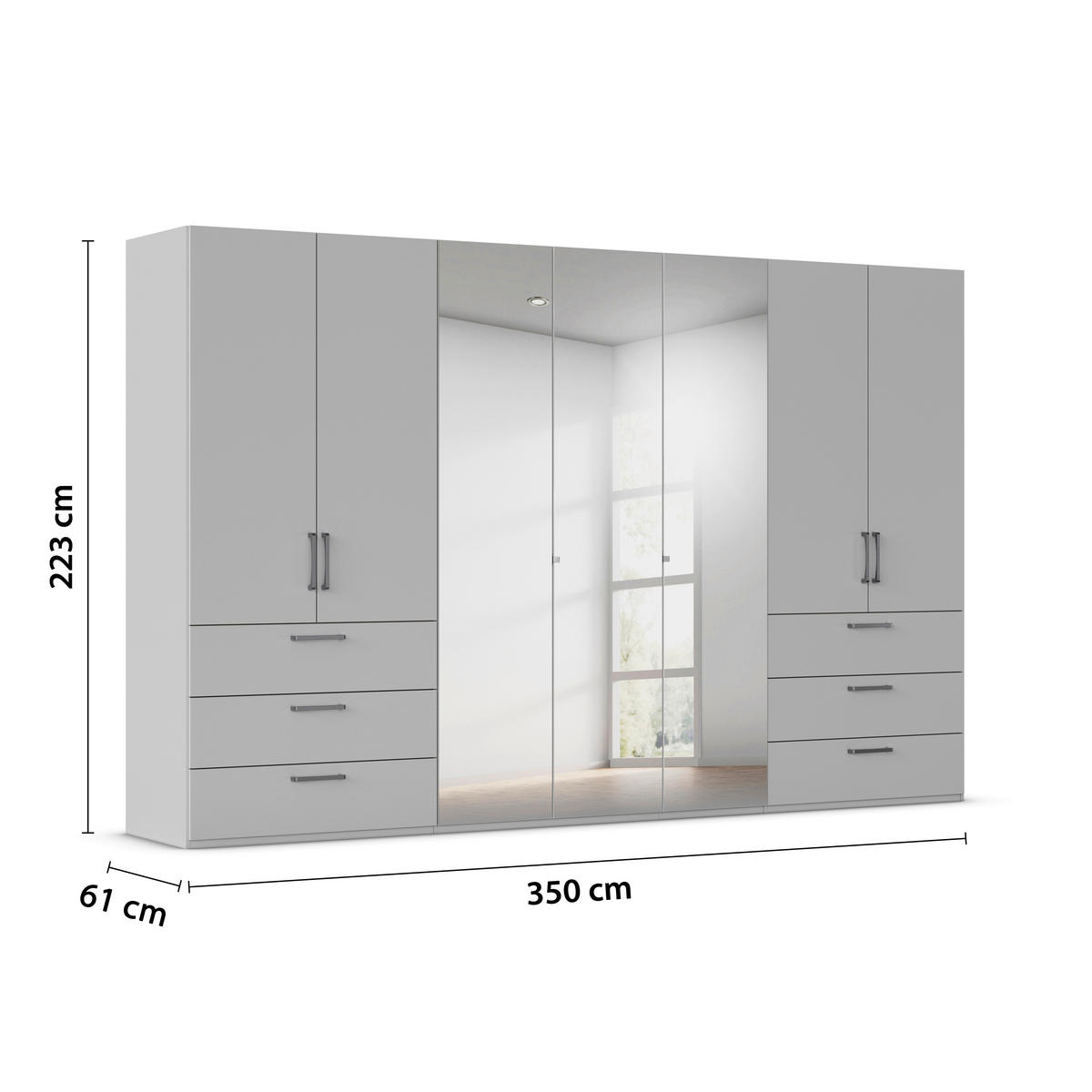 DREHTÜRENSCHRANK 350/223/61 cm,  in Graphitfarben, 7-türig  - Chromfarben/Edelstahlfarben, Basics, Glas/Holzwerkstoff (350/223/61cm) - Novel