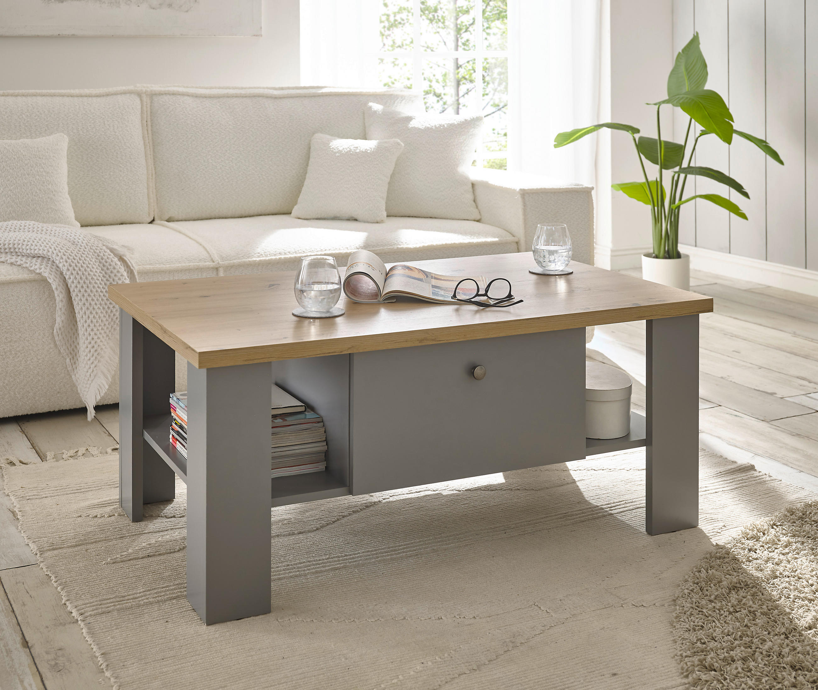 COUCHTISCH rechteckig Eichefarben, Hellgrau  - Eichefarben/Silberfarben, Design, Holzwerkstoff/Metall (107/46/67cm) - MID.YOU