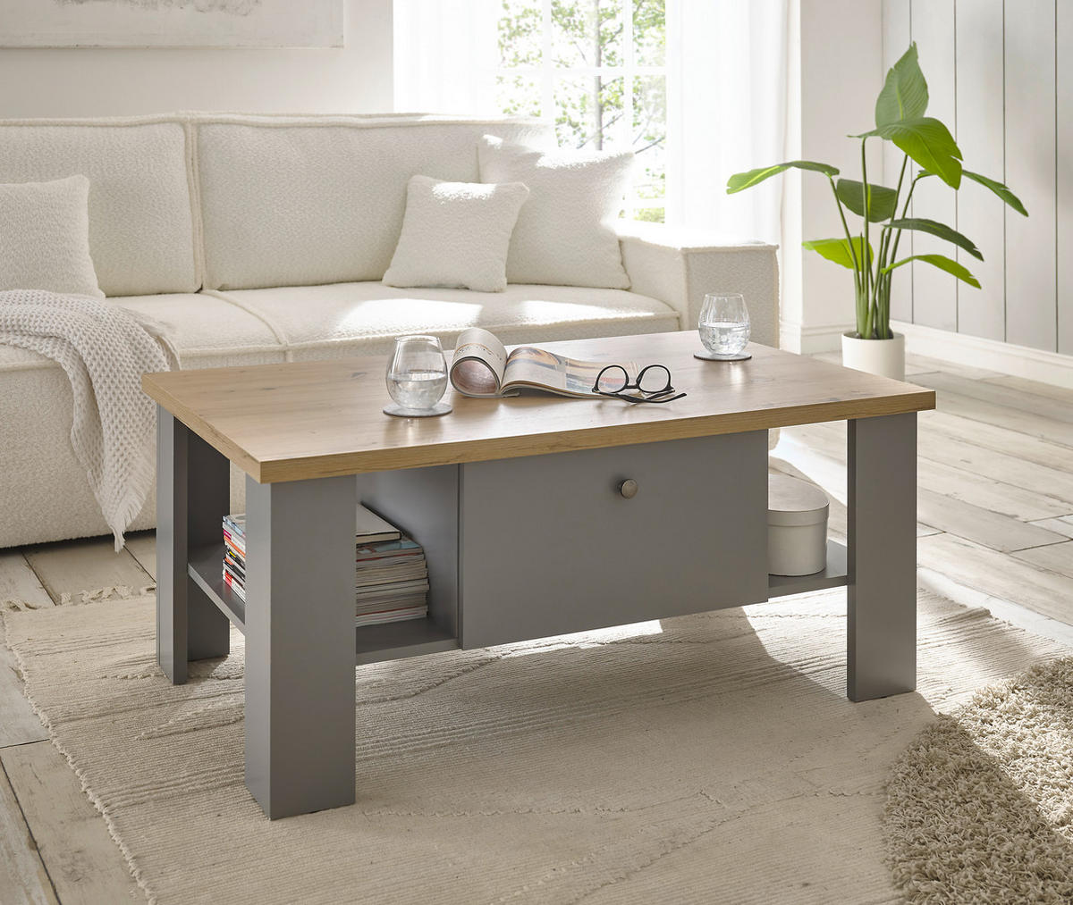 COUCHTISCH rechteckig Eichefarben, Hellgrau  - Eichefarben/Silberfarben, Design, Holzwerkstoff/Metall (107/46/67cm) - MID.YOU