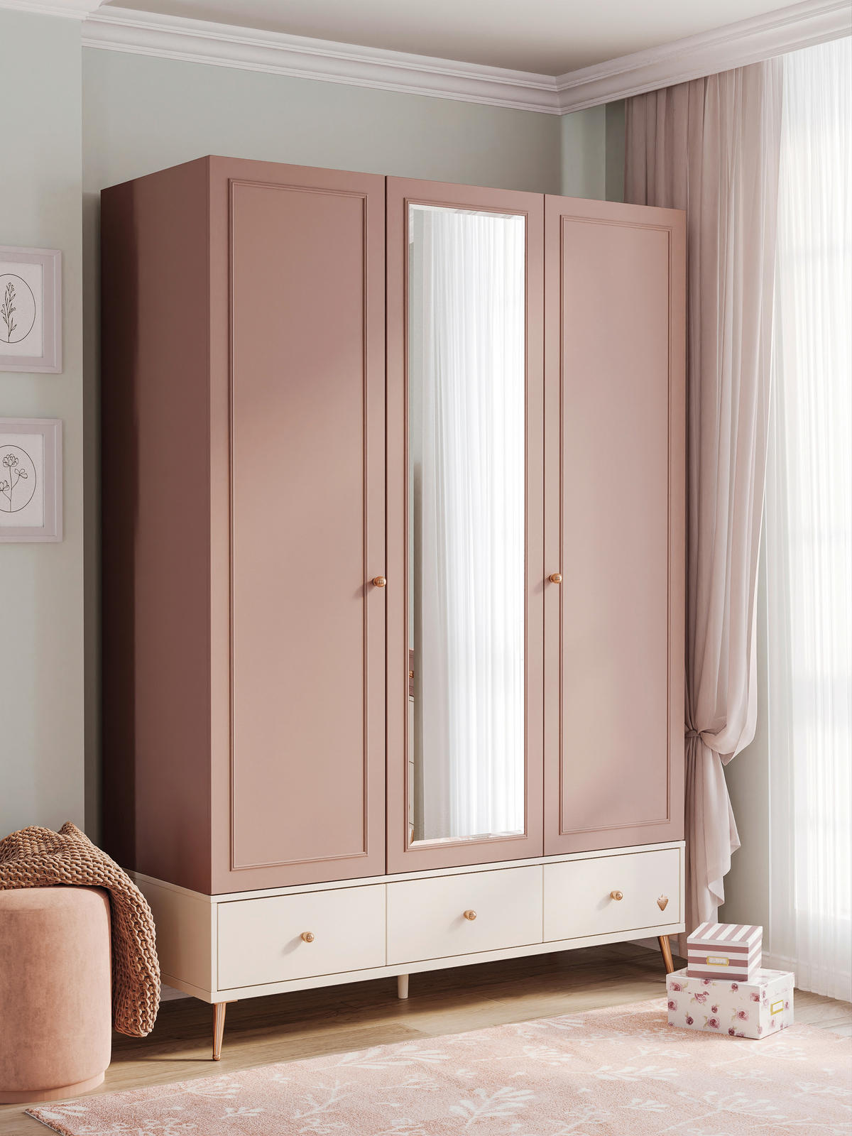 DULAP CU UȘI ROTATIVE crem, roz aprins  - roz aprins/crem, Modern, material pe bază de lemn (145/210/59cm) - Cilek