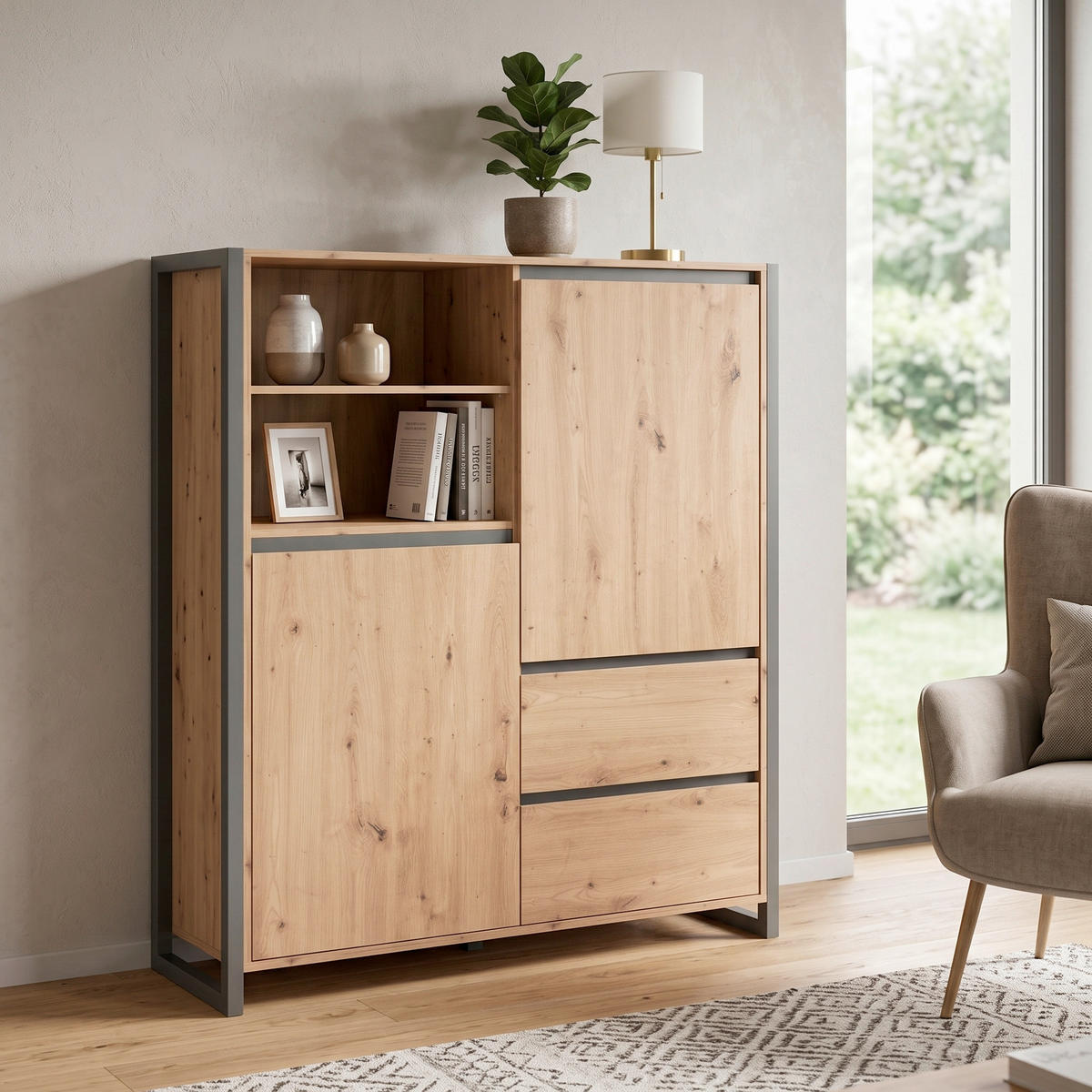HIGHBOARD  120/140/40 cm 2 Schublade(n)  - Eichefarben/Anthrazit, MODERN, Holzwerkstoff (120/140/40cm) - MID.YOU