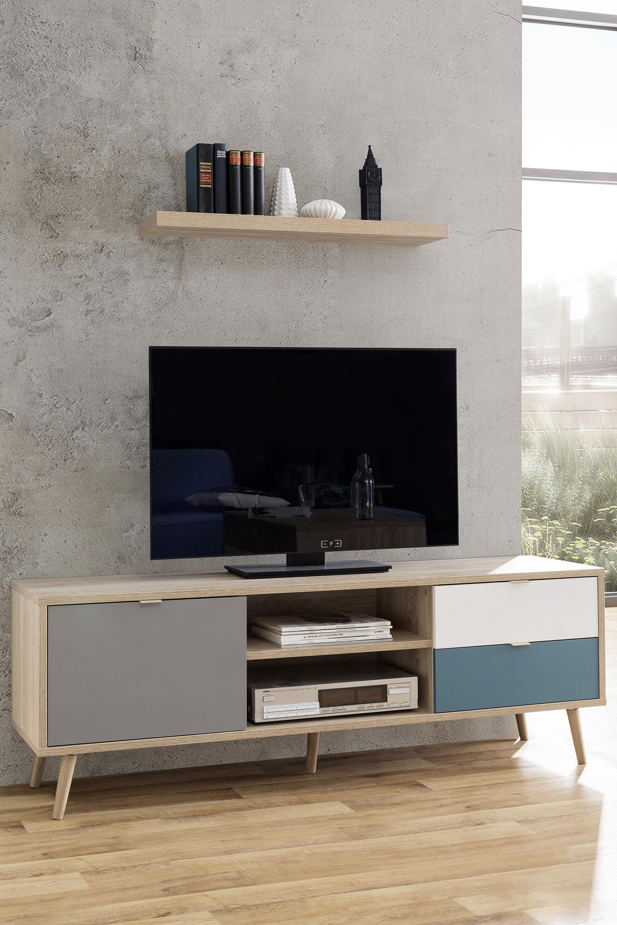 HI-FI STOČIĆ siva, bela, boja hrasta, petrolej plava  - siva/boja hrasta, Trendi, pločasti materijal (150/52/40cm) - Carryhome