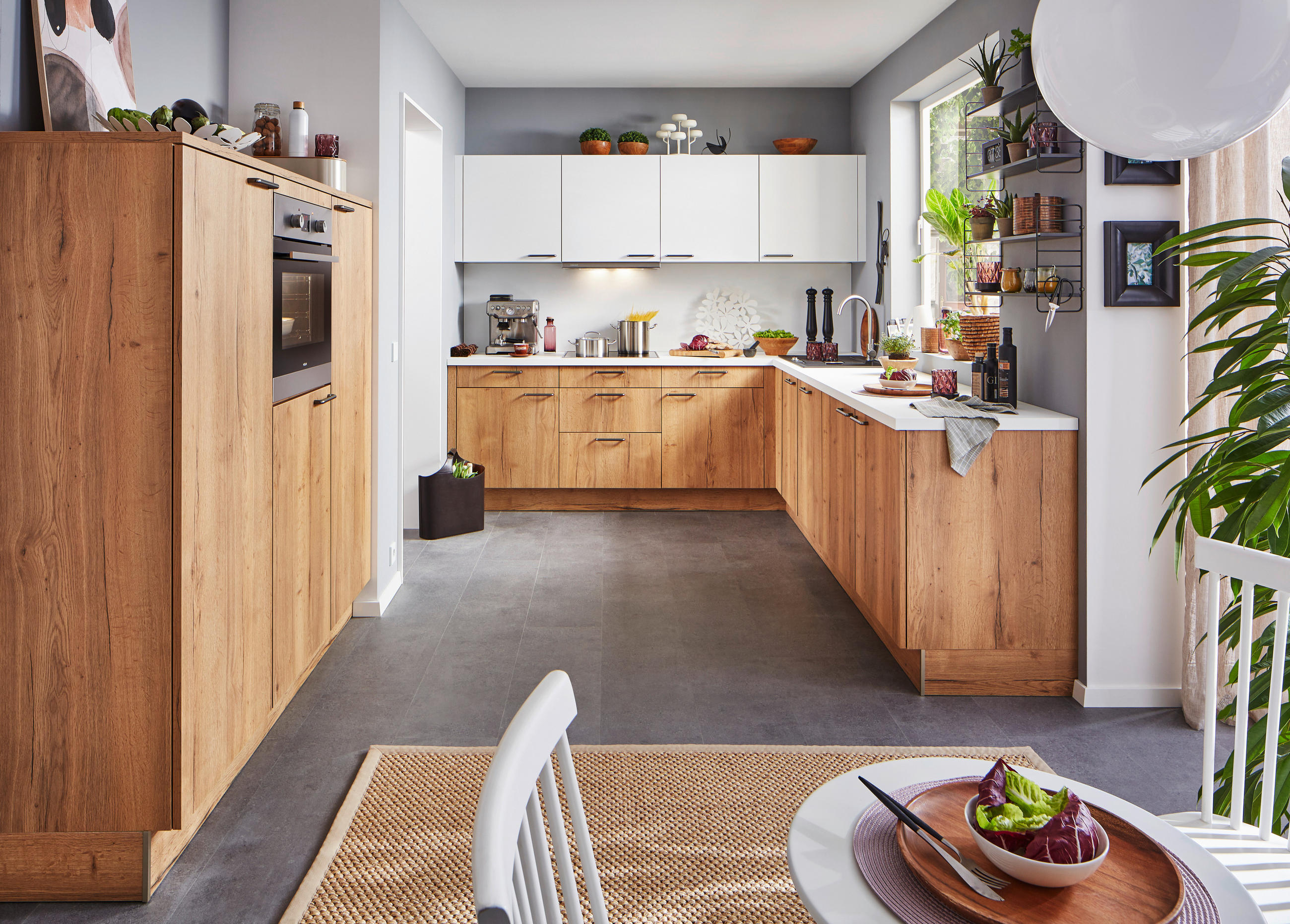 EINBAUKÜCHE TORONTO  - Eichefarben/Weiß, Design, Holzwerkstoff/Metall - Moderano