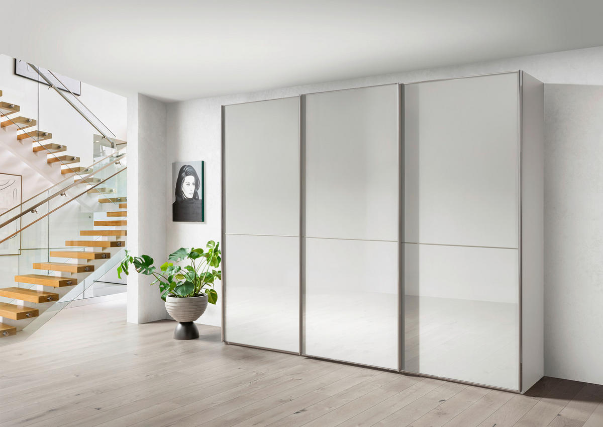 SCHWEBETÜRENSCHRANK 300/236/67 cm 3-türig Weiß  - Chromfarben/Weiß, MODERN, Glas/Holzwerkstoff (300/236/67cm) - Chameo