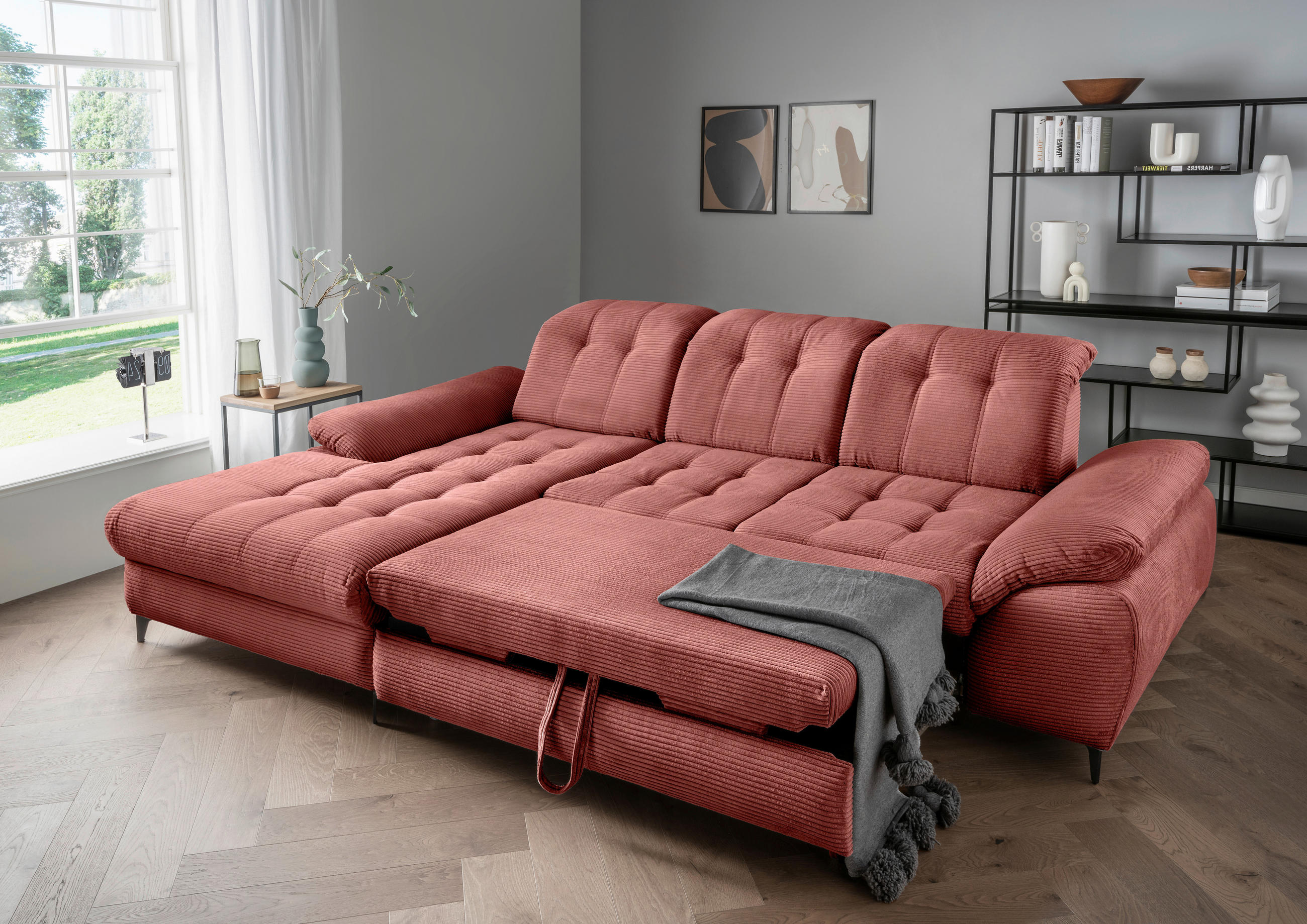 ECKSCHLAFSOFA in Cord Koralle  - Koralle/Schwarz, Modern, Textil/Metall (189/273cm) - Livetastic