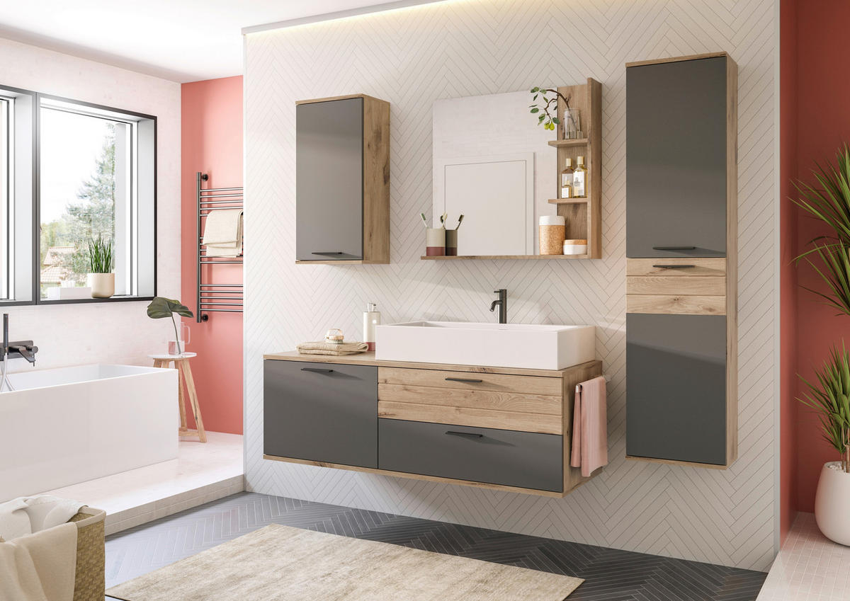 BADEZIMMER 4-teilig  in 177 cm  - Eichefarben/Weiß Hochglanz, MODERN, Glas/Keramik (177cm) - MID.YOU
