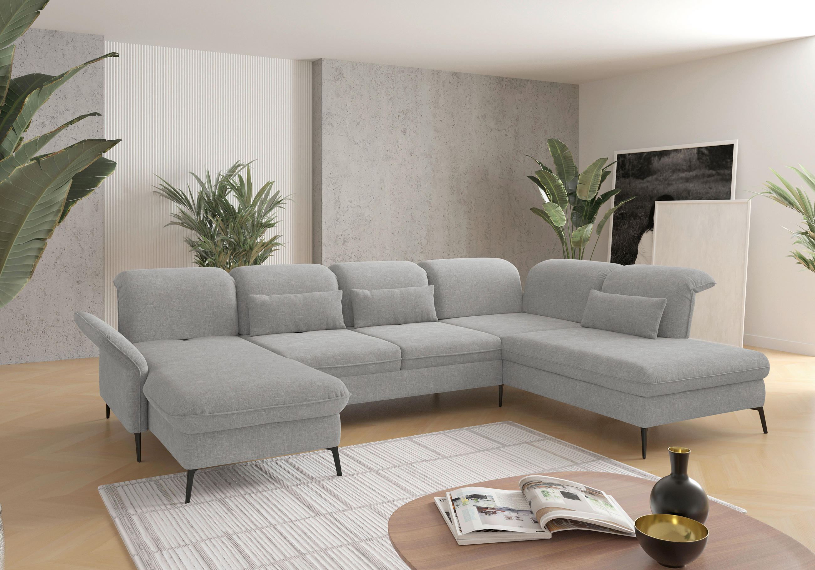 WOHNLANDSCHAFT Hellgrau Flachgewebe  - Hellgrau/Schwarz, KONVENTIONELL, Textil/Metall (198/359/231cm) - Sit & More
