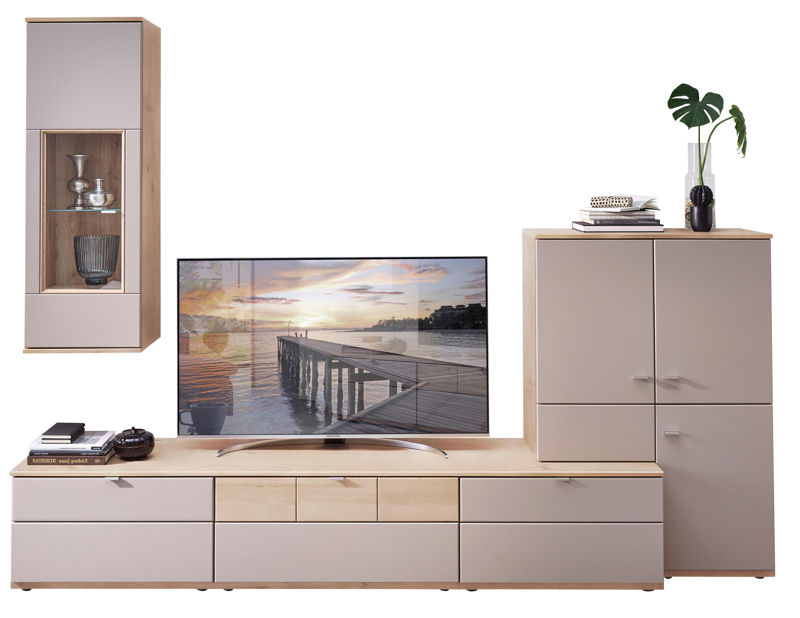 WOHNWAND in Grau, Buchefarben 285/215/53 cm - Silberfarben/Buchefarben, KONVENTIONELL, Glas/Holzwerkstoff (285/215/53cm) - Venda