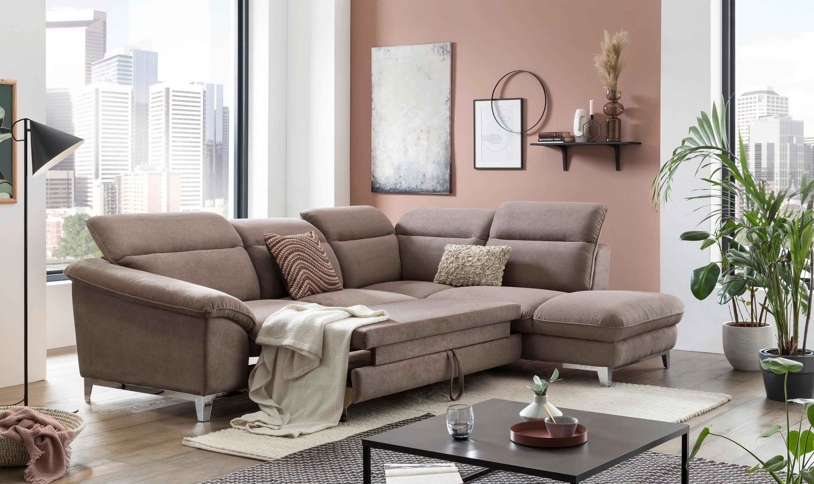 ECKSOFA Taupe Chenille  - Taupe/Chromfarben, Design, Textil/Metall (293/232cm) - Livetastic