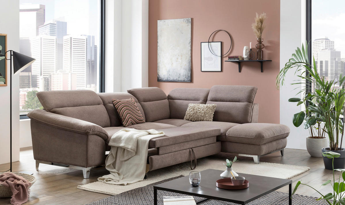 ECKSOFA Taupe Chenille  - Taupe/Chromfarben, Design, Textil/Metall (293/232cm) - Livetastic
