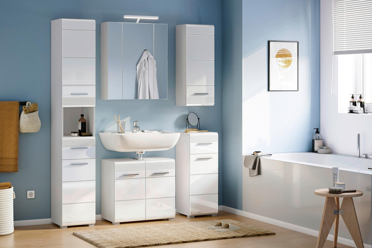 BADEZIMMER 5-teilig  in 120 cm  - Weiß Hochglanz/Silberfarben, MODERN, Glas/Holzwerkstoff (120cm) - MID.YOU