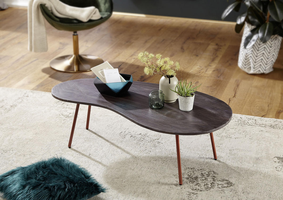 COUCHTISCH Akazie massiv 122/63/34,5 cm Freiform Dunkelgrau  - Dunkelgrau/Kupferfarben, Design, Holz/Metall (122/63/34,5cm) - MID.YOU