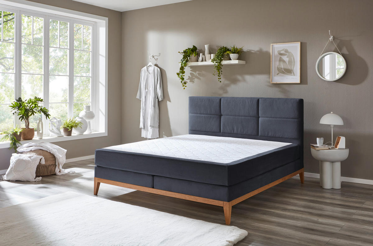 BOXSPRINGBETT 180/200 cm  in Dunkelblau  - Eichefarben/Dunkelblau, KONVENTIONELL, Holz/Textil (180/200cm) - Boxxx