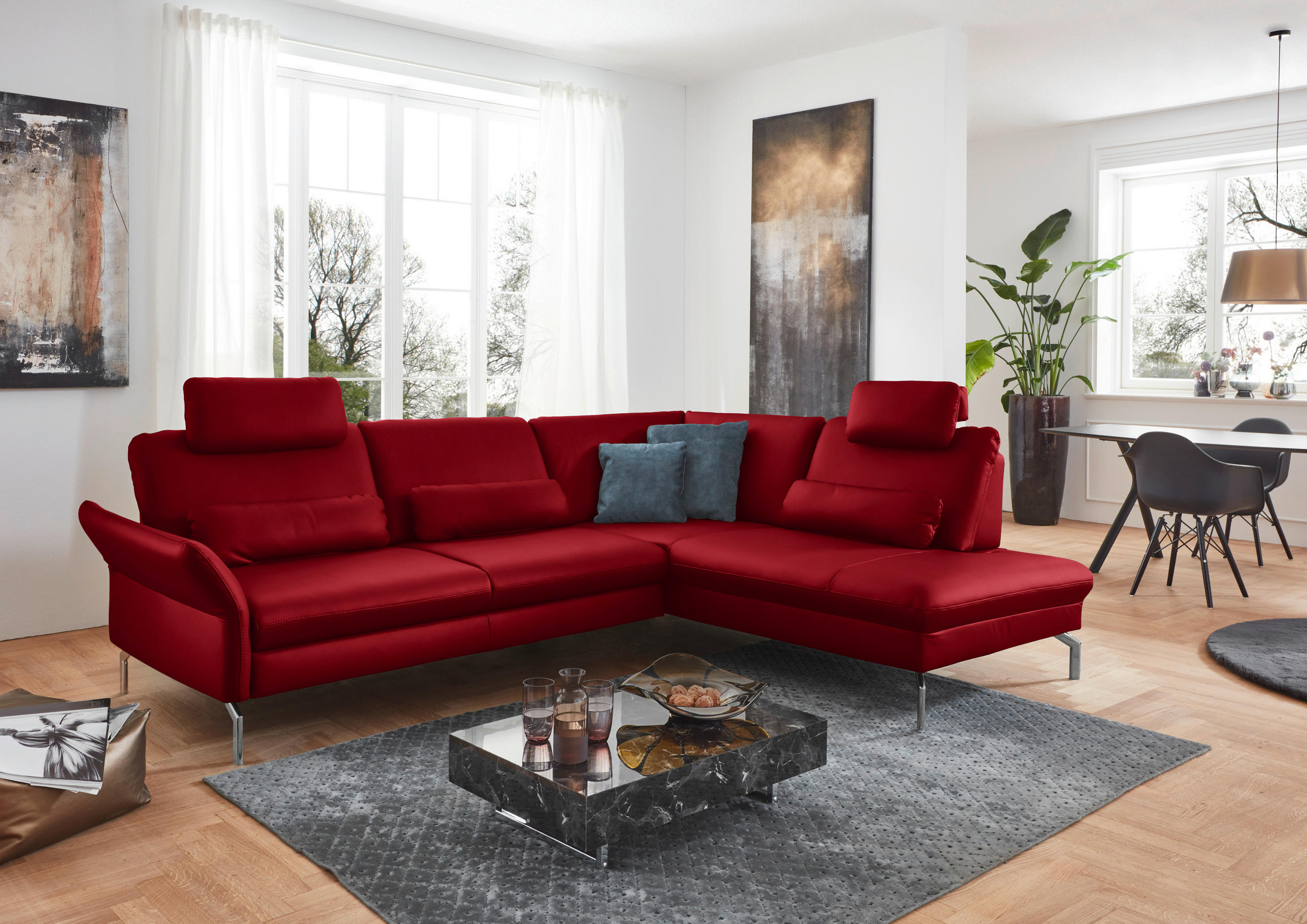 ECKSOFA in Echtleder Rot  - Rot/Alufarben, Konventionell, Leder/Metall (284/220cm) - Beldomo Premium