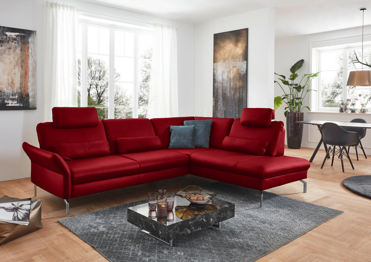 ECKSOFA in Echtleder Rot  284/220 cm  - Rot/Alufarben, KONVENTIONELL, Leder/Metall (284/220cm) - Beldomo Premium