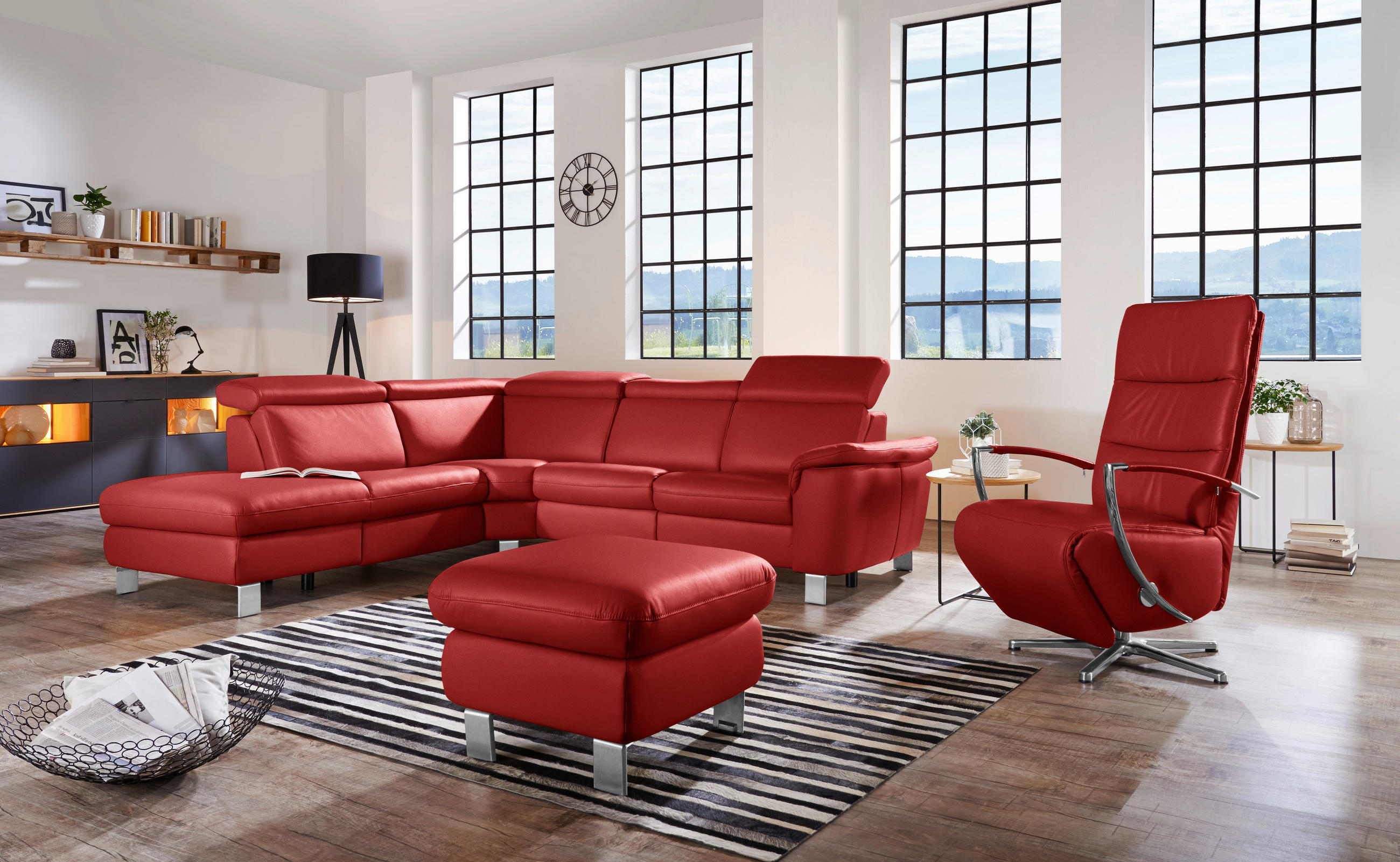 ECKSOFA in Echtleder Rot  239/271 cm  - Rot/Alufarben, Design, Leder/Metall (239/271cm) - Cantus