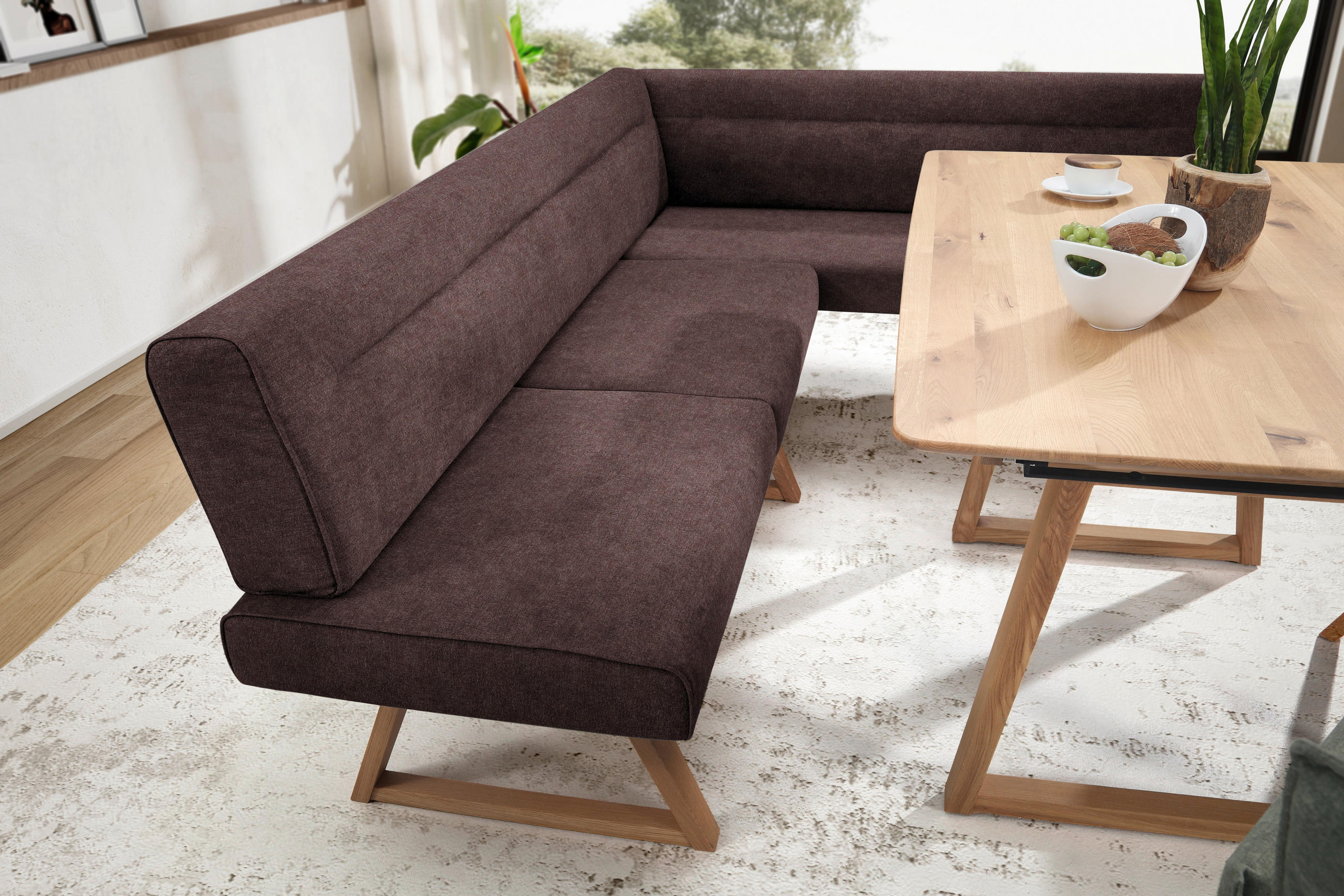 Thumbnail - Moderano Eckbank, Eiche, Dunkelbraun, Holz, Textil, Wildeiche, massiv, 5-Sitzer, L-Form, 230x170 cm, Fußauswahl, Stoffau...