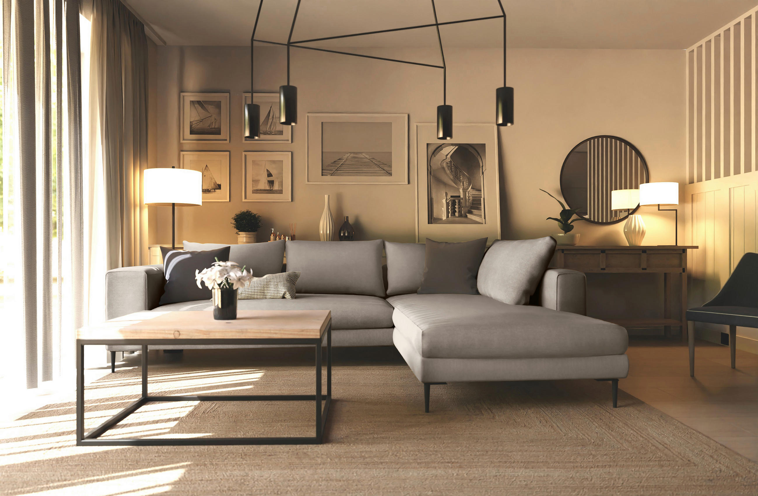 ECKSOFA in Struktur Taupe - Taupe/Schwarz, Modern, Textil/Metall (295/210cm) - Trendmanufaktur