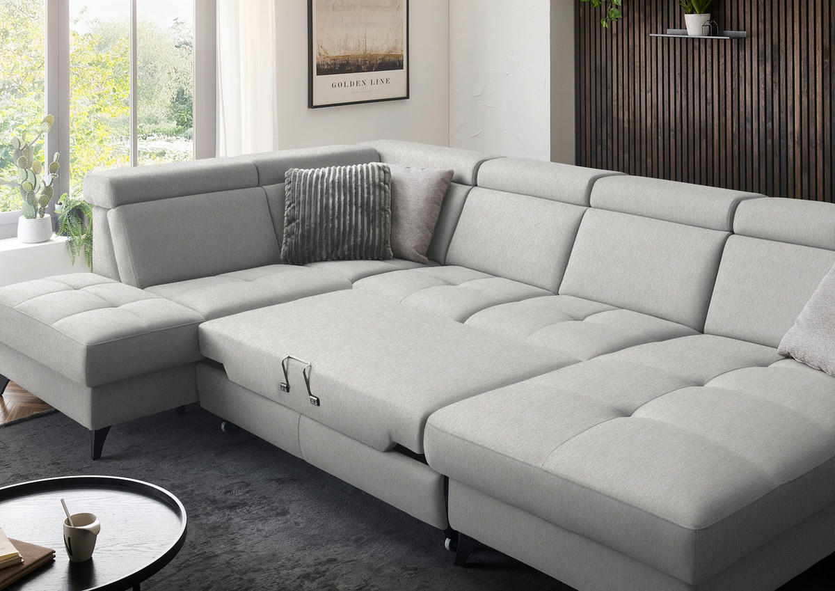 WOHNLANDSCHAFT Flachgewebe Sandfarben  - Sandfarben/Schwarz, Konventionell, Textil/Metall (215/333/174cm) - Beldomo System