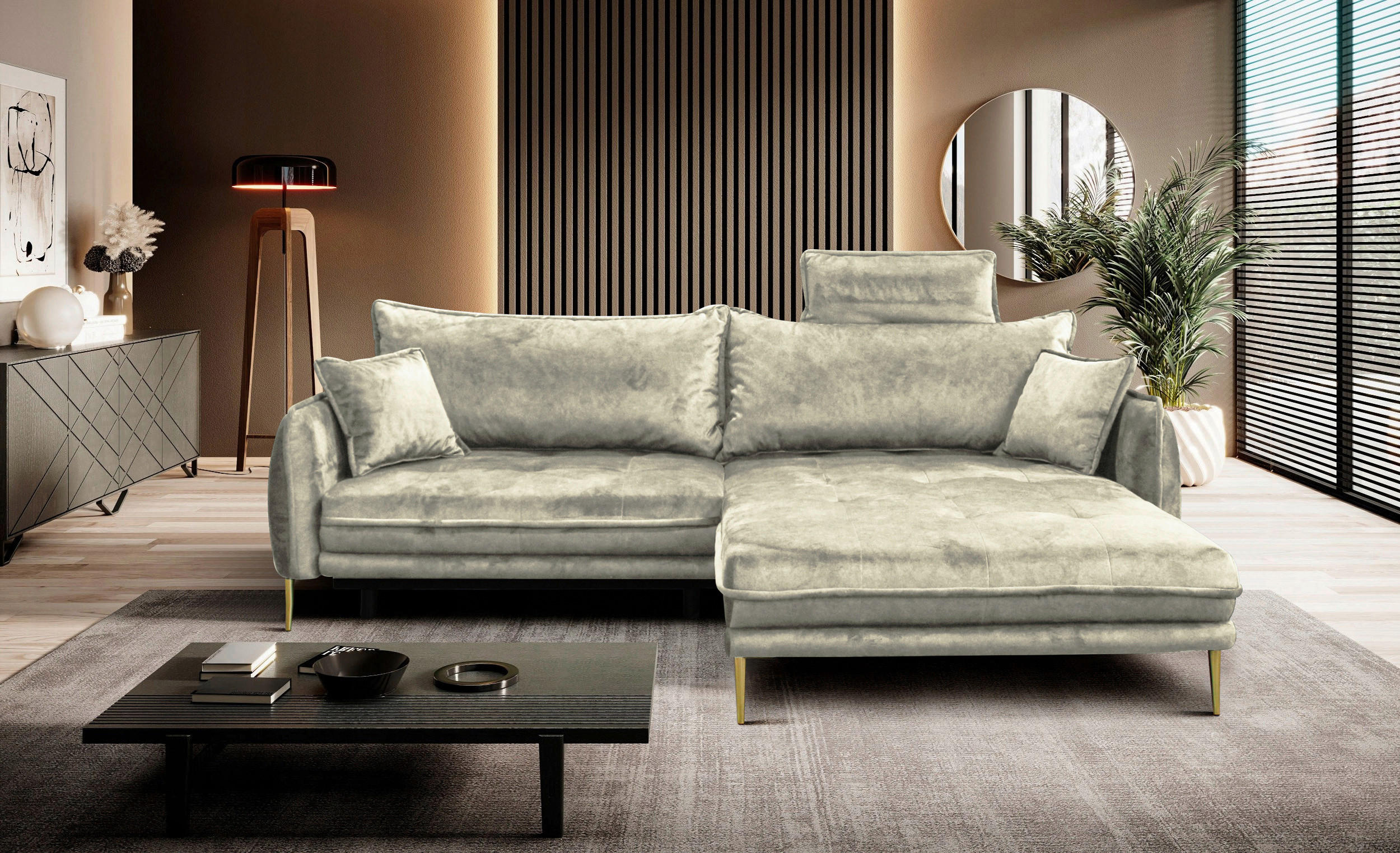 ECKSOFA Creme Velours Bettkasten  - Goldfarben/Creme, Design, Textil/Metall (264/196cm) - P & B
