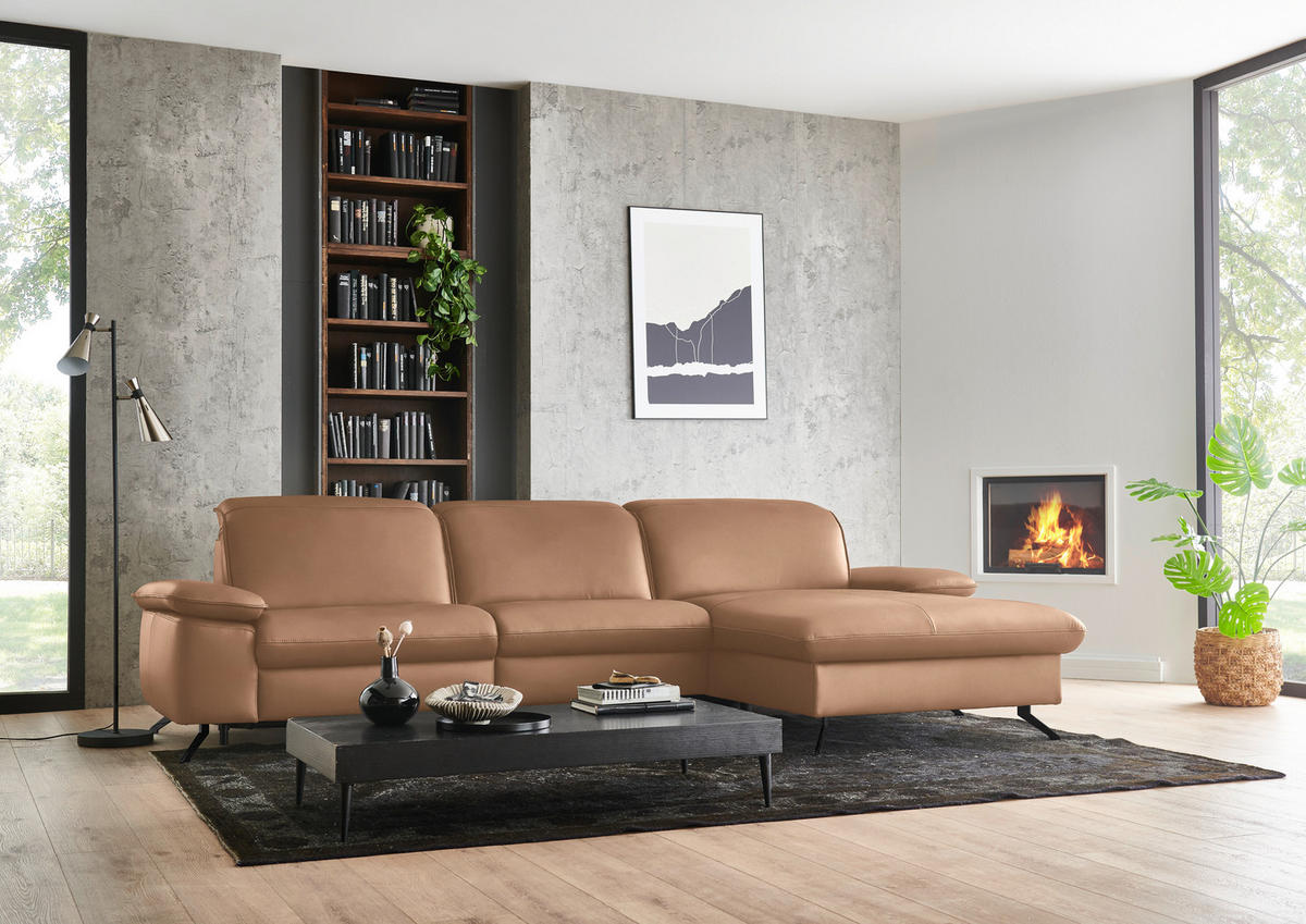 ECKSOFA  Echtleder Hellbraun  - Hellbraun/Schwarz, Design, Leder/Metall (307/169cm) - Beldomo Premium
