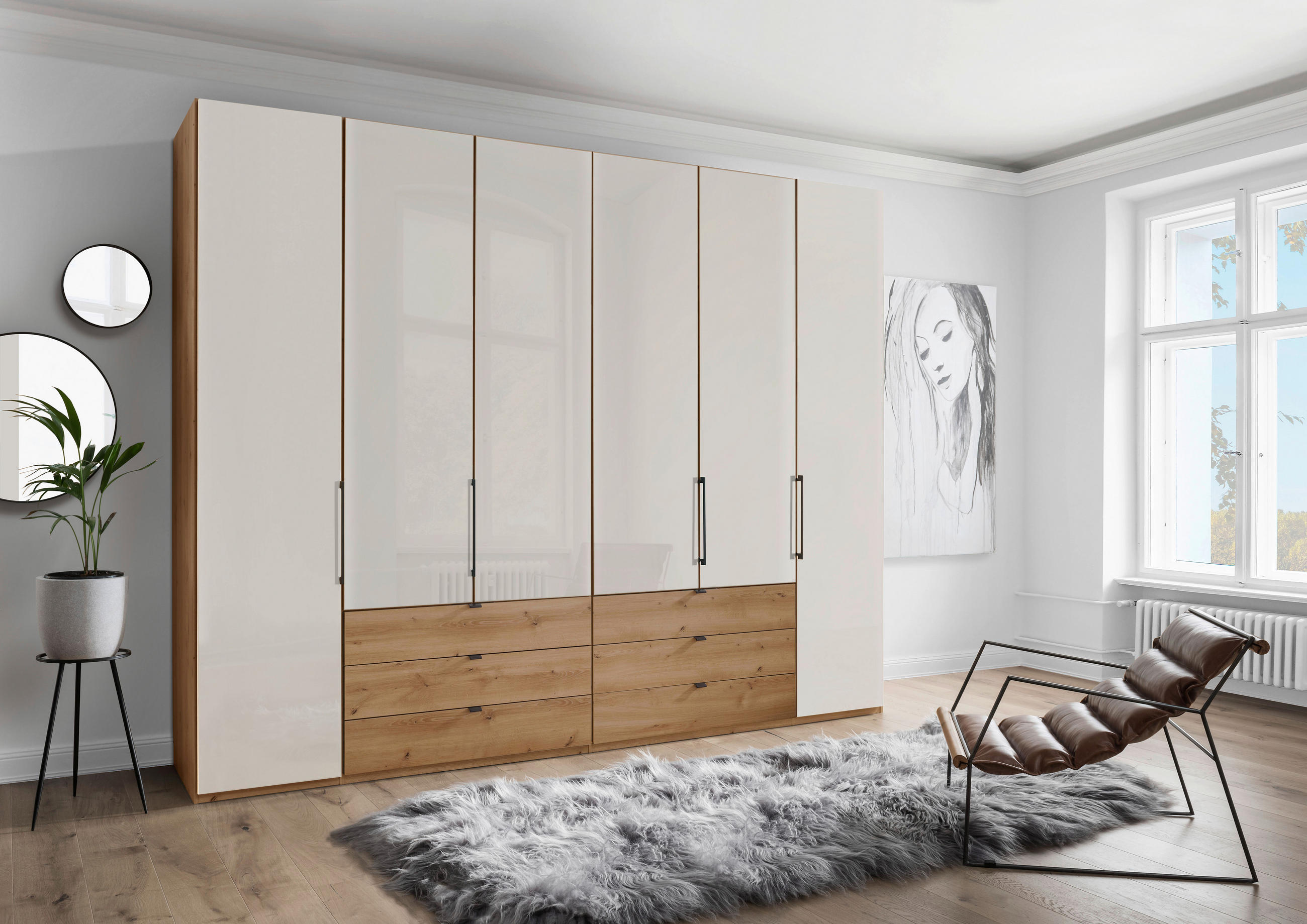 DREHTÜRENSCHRANK 300/216/58 cm 6-türig Champagner, Eiche Bianco  - Schieferfarben/Eiche Bianco, KONVENTIONELL, Glas/Holzwerkstoff (300/216/58cm) - Dieter Knoll
