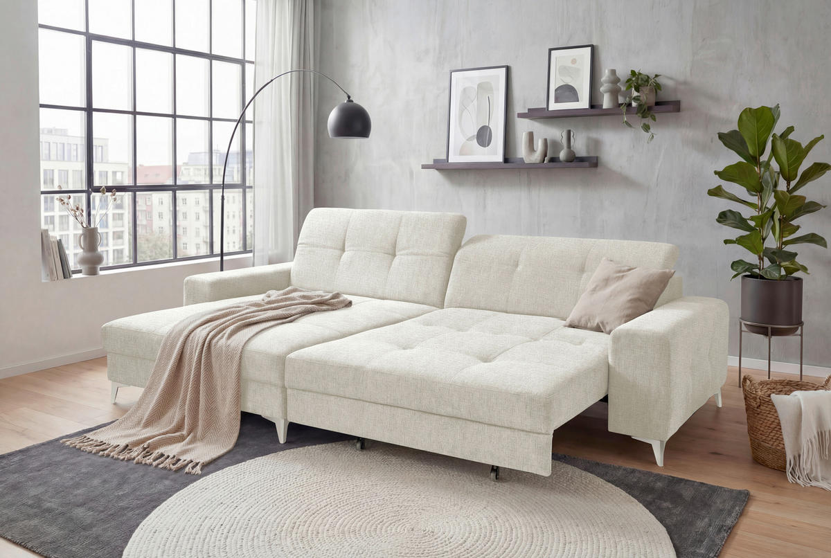 ECKSOFA SORELLA Creme Chenille Kopfteilverstellung, Sitztiefenverstellung  - Kaschmir/Creme, Design, Kunststoff/Textil (182/328cm) - MID.YOU